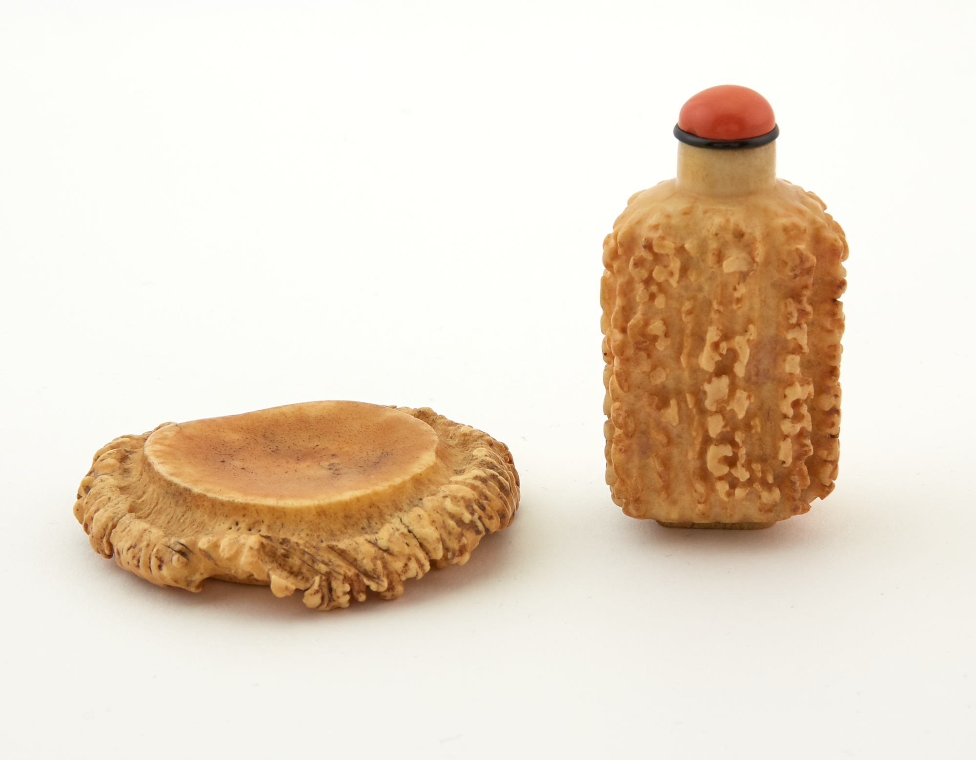 Lot image - A Chinese Stag Horn Snuff Bottle and Stand