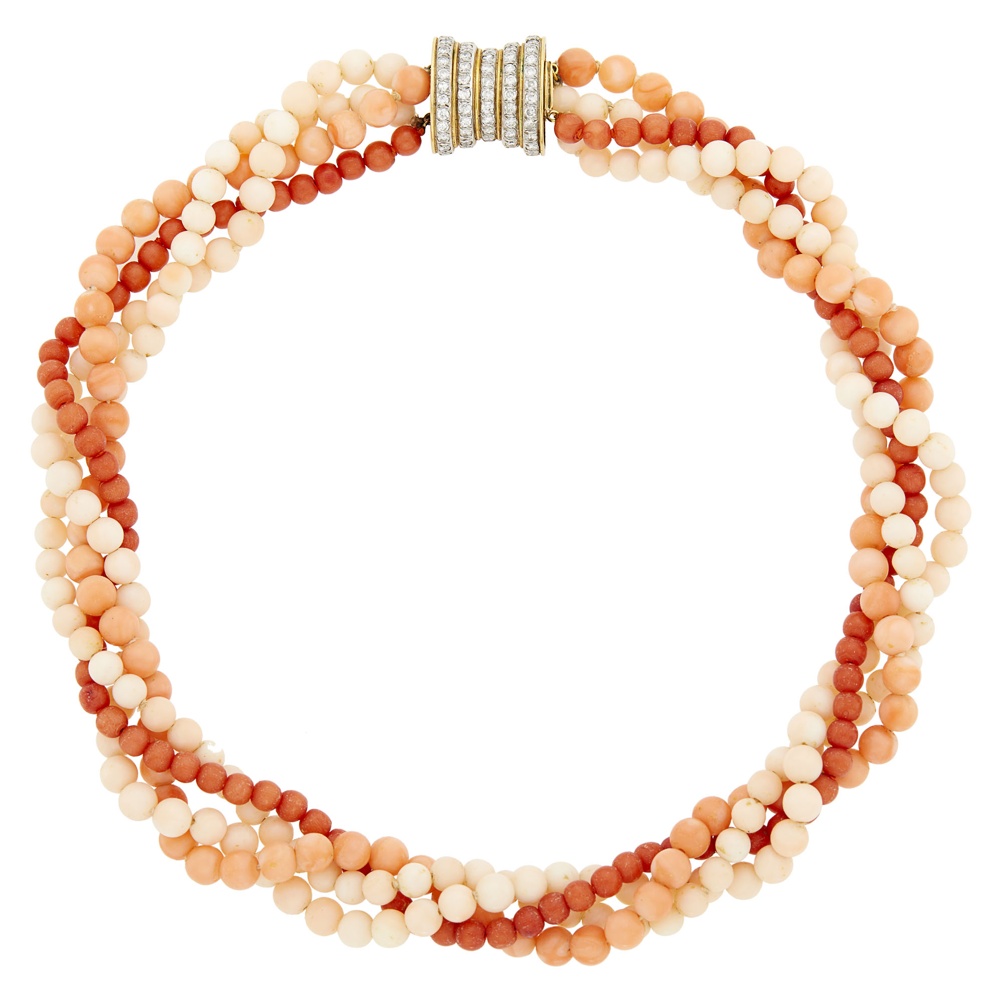 Lot image - Four Strand Coral Bead Torsade Necklace with Gold and Diamond Clasp