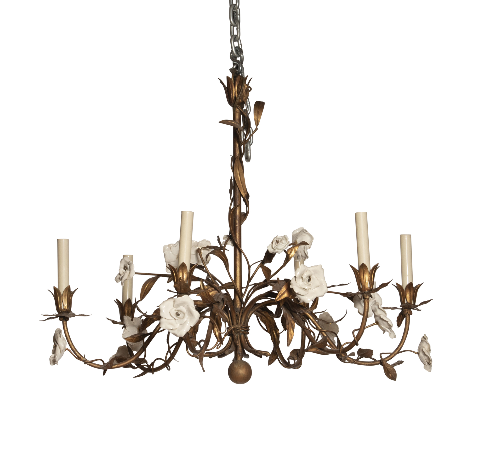 Lot image - Gilt-Metal and Porcelain Six-Light Chandelier