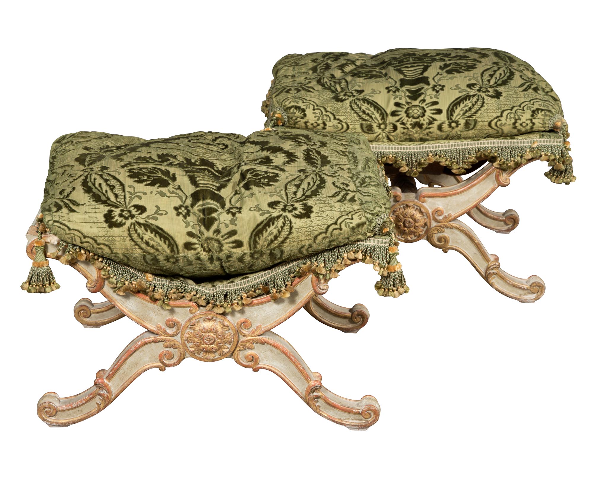 Lot image - Pair of Louis XV/Louis XVI Transitional Style Painted and Parcel-Gilt Stools