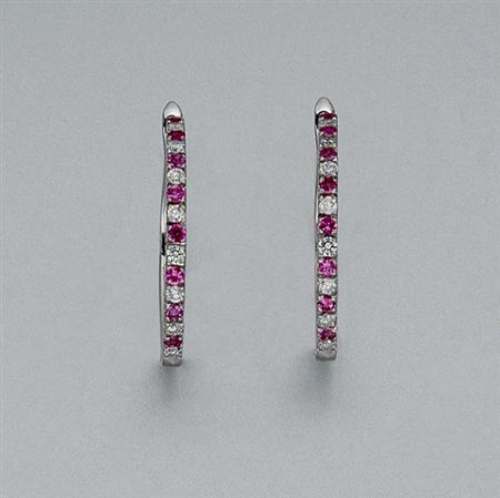 Lot image - Pair of Pink Sapphire and Diamond Hoop Earrings