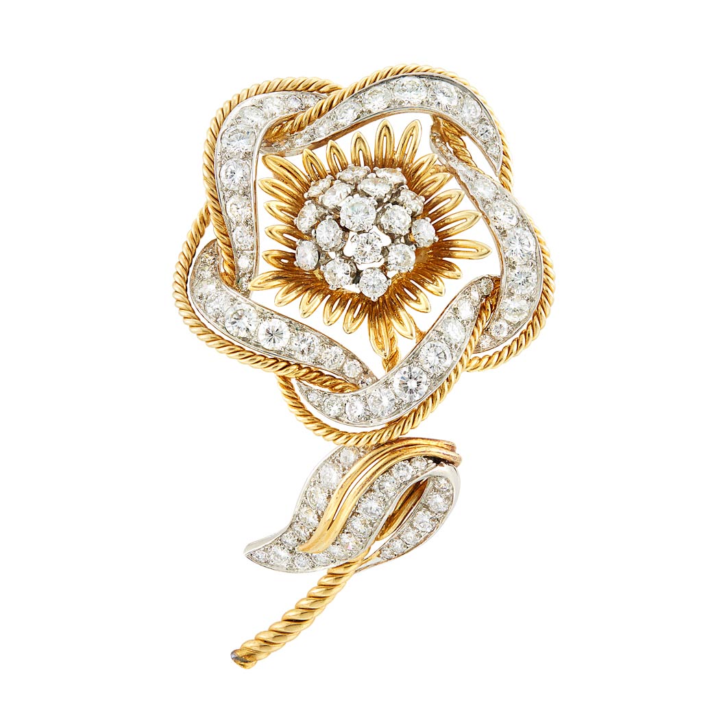Lot image - Gold, Platinum and Diamond Flower Clip, France
