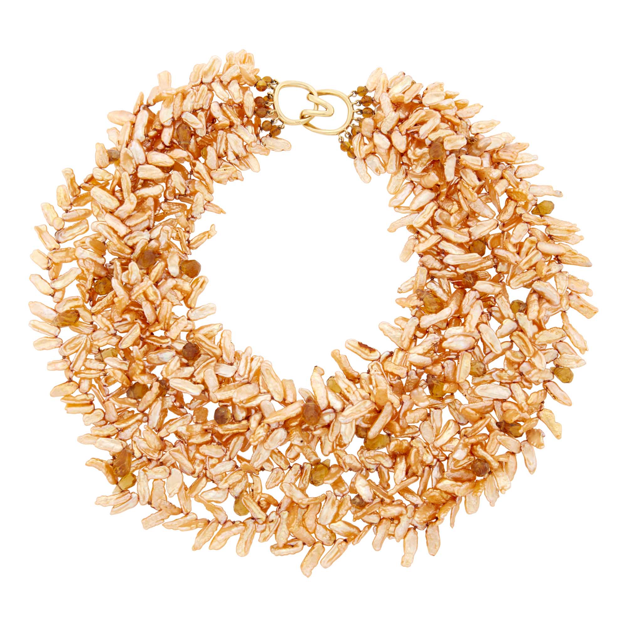 Lot image - Seven Strand Dyed Peach Freshwater Baroque Pearl and Citrine Necklace with Gold Clasp