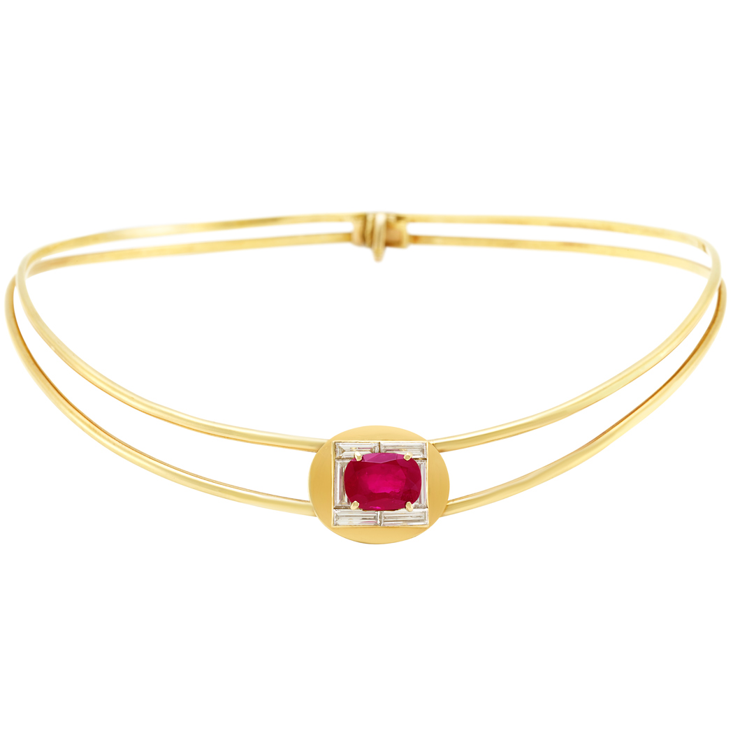 Lot image - Gold, Ruby and Diamond Choker Necklace, France