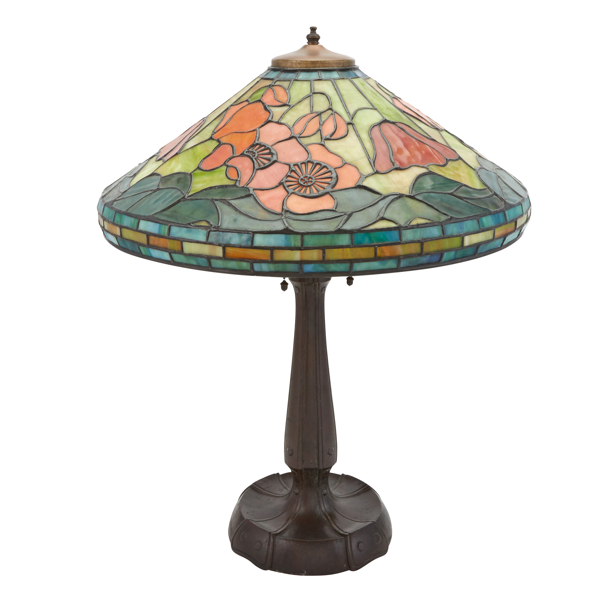 Lot image - Leaded Glass and Patinated Metal Lamp