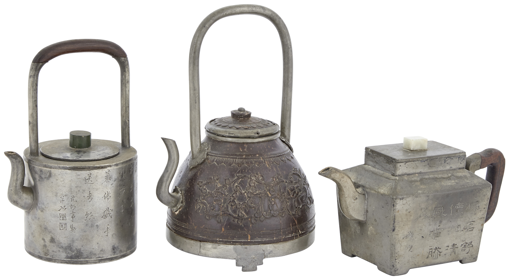 Lot image - Three Chinese Pewter Teapots