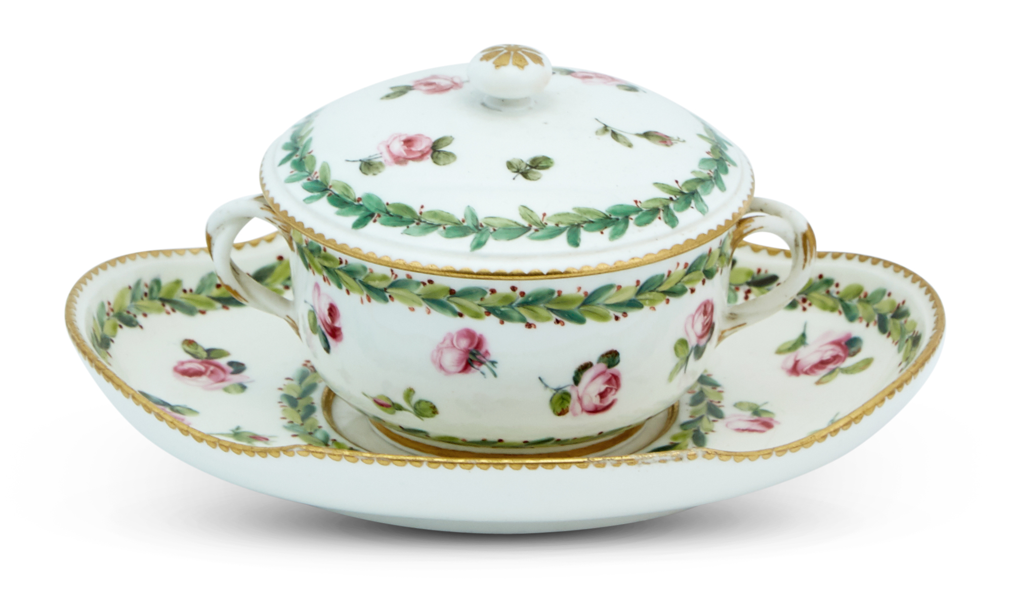 Lot image - Sèvres Porcelain Rose and Garland (Roses et Feuillages) Two-Handled Broth Bowl, Cover and Oval Stand (Écuelle Ronde et Plateau Ovale)