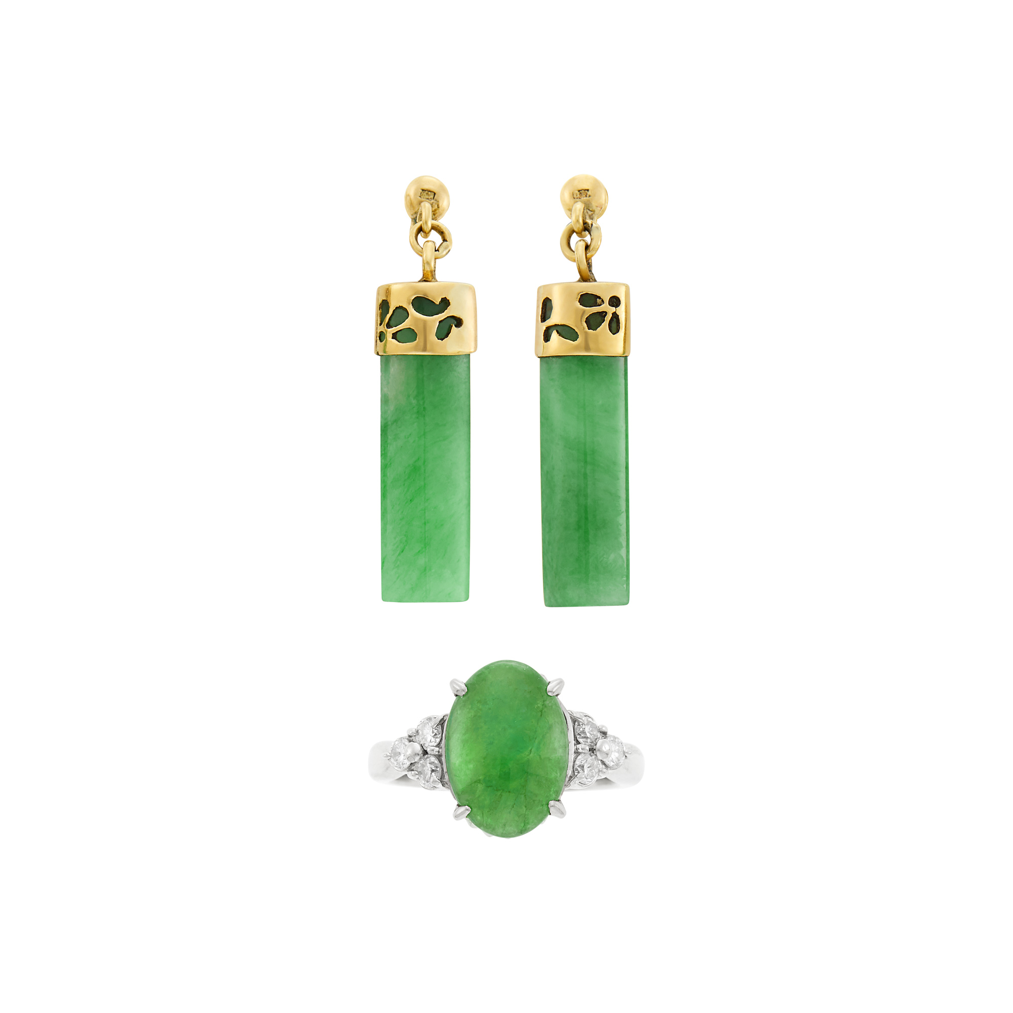 Lot image - Platinum, Jade and Diamond Ring and Pair of Gold and Jade Pendant-Earclips