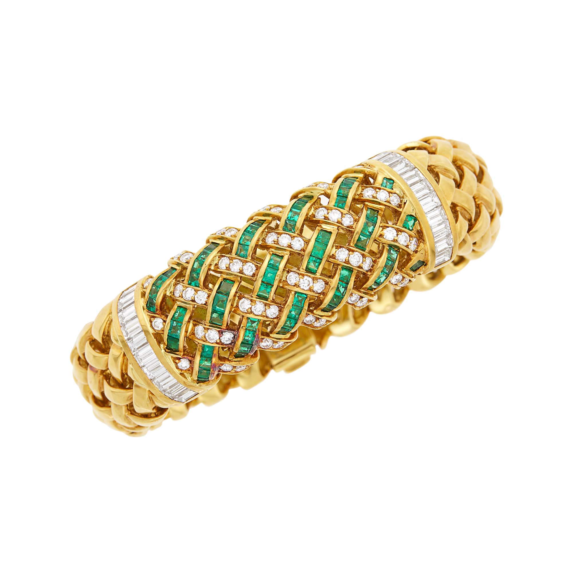 Lot image - Tiffany & Co. Gold, Emerald and Diamond Basketweave Bracelet