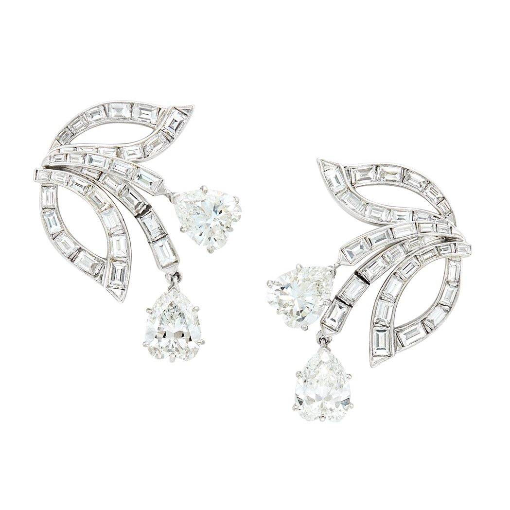Lot image - Pair of Platinum and Diamond Earclips, Van Cleef & Arpels