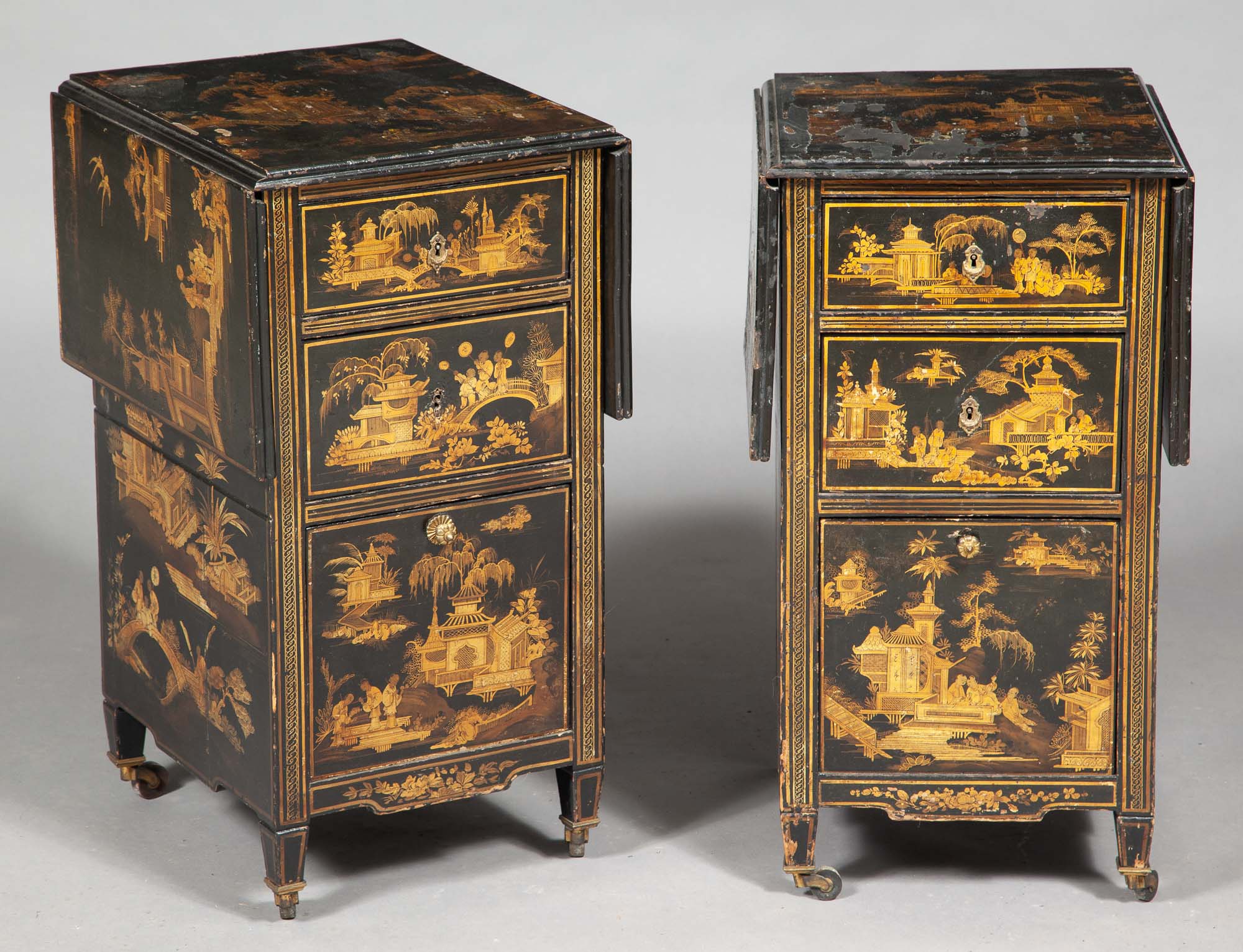 Lot image - Pair of French Black Lacquer, Part-Gilt and Part-Japanned Bedside Cabinets