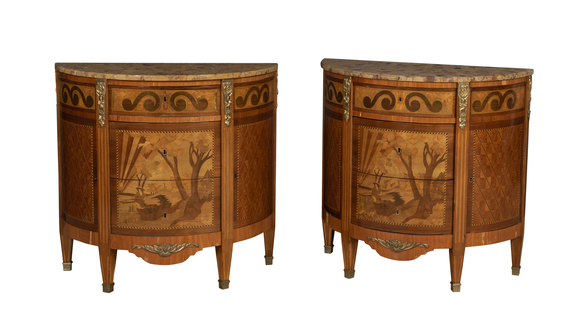 Lot image - Pair of Louis XVI Style Marble Top  Marquetry Demilune Commodes