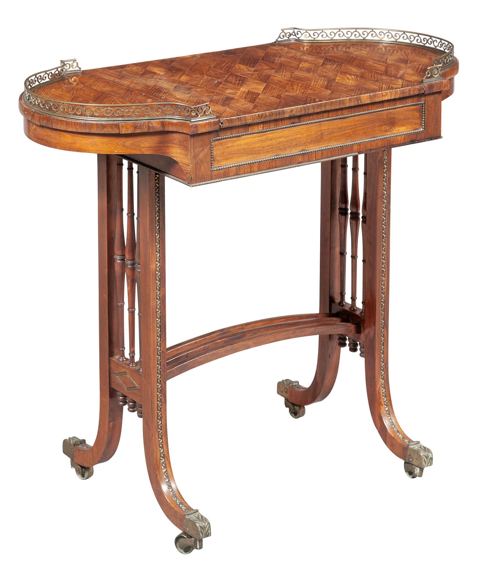 Lot image - Regency Kingwood and Gilt-Metal-Mounted Parquetry Games Table