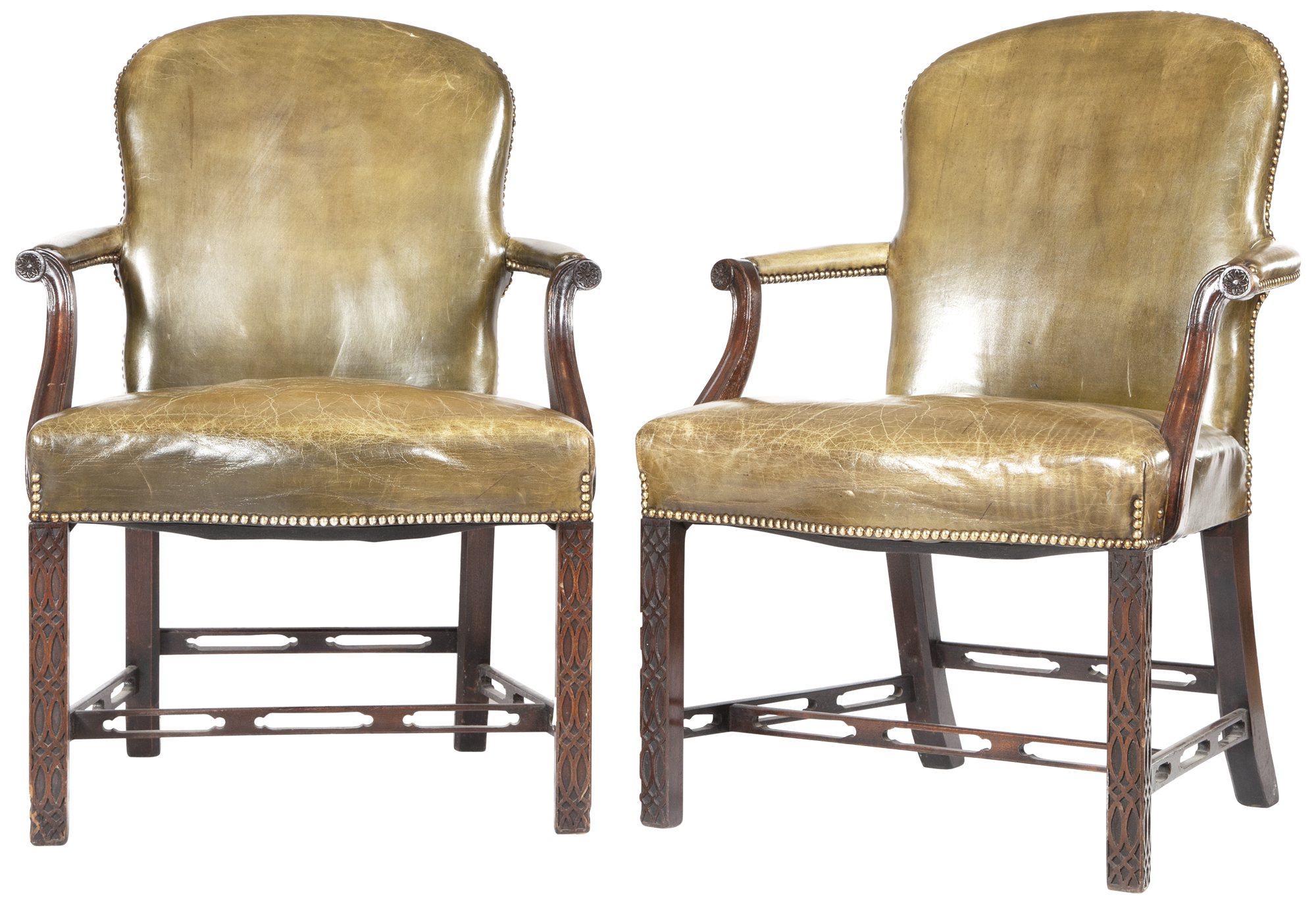 Lot image - Pair of George III Style Mahogany and Green Leather-Upholstered Armchairs