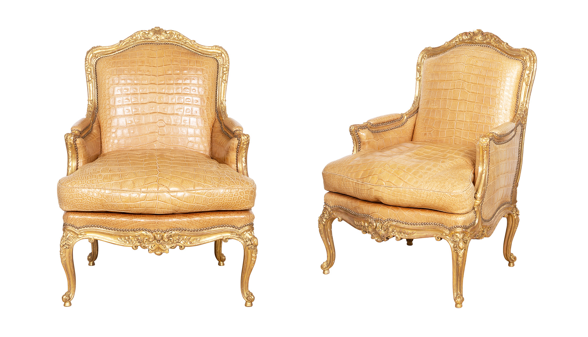 Lot image - Pair of Louis XV Style Alligator-Upholstered Giltwood Large Bergères