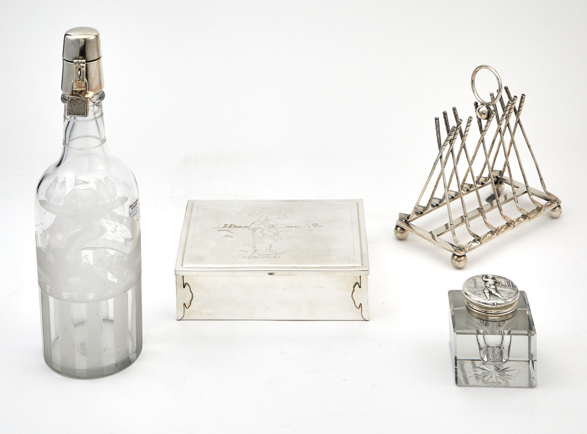 Lot image - Group of Novelty Golf Theme Silver Plated and Glass Articles