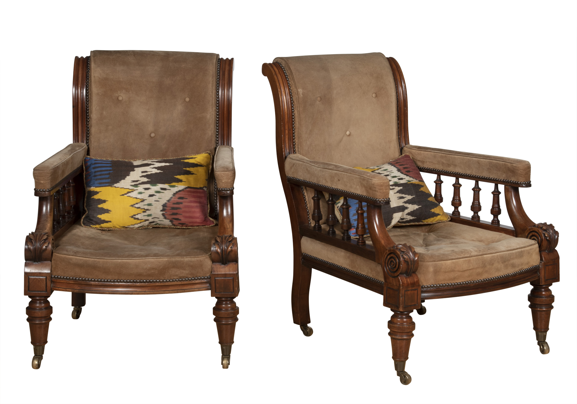 Lot image - Pair of William IV Suede Upholstered Mahogany Library Chairs