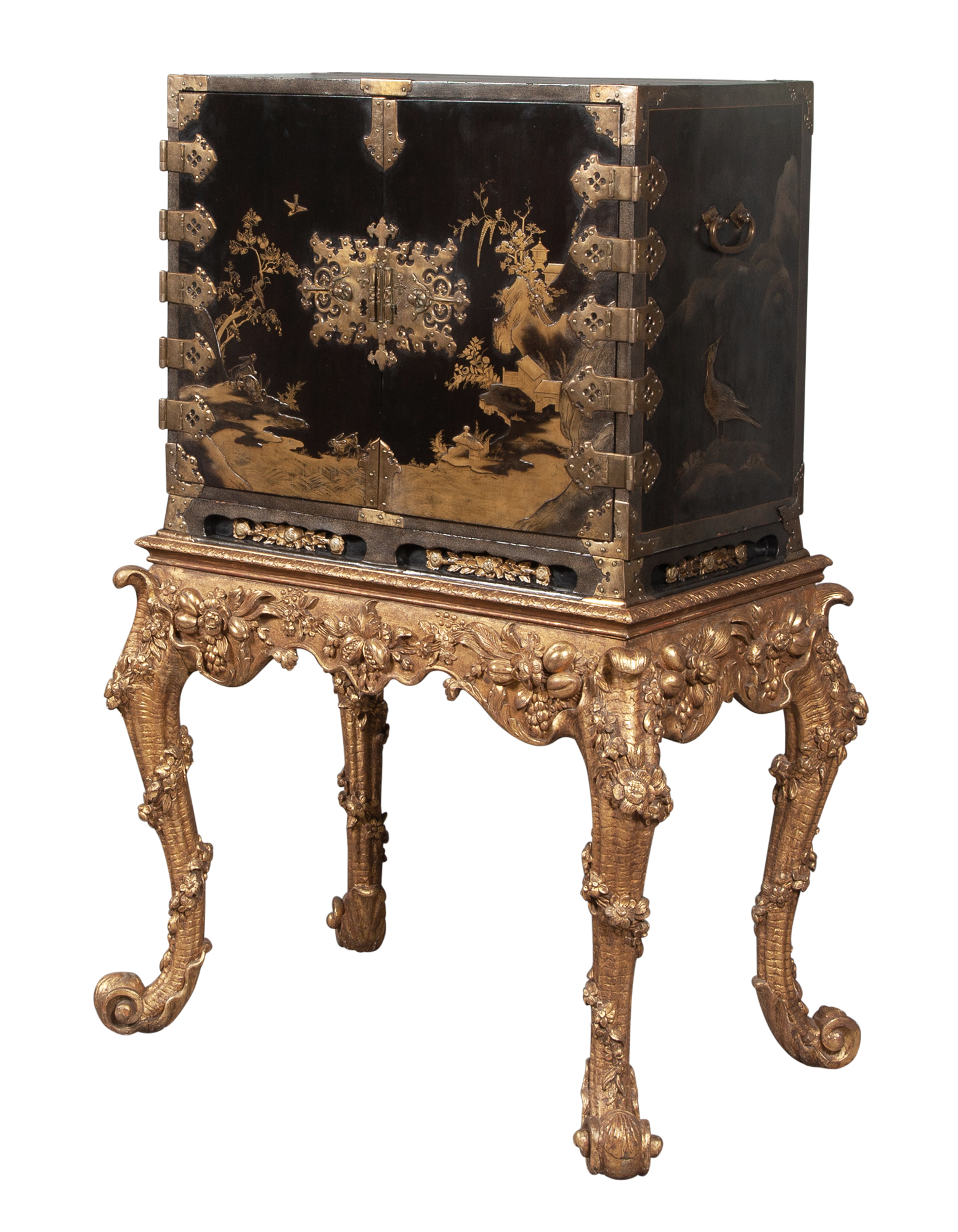 Lot image - Japanese Gilt-Metal Mounted Black Lacquer, Japanned and Parcel-Gilt Chest on Giltwood Stand