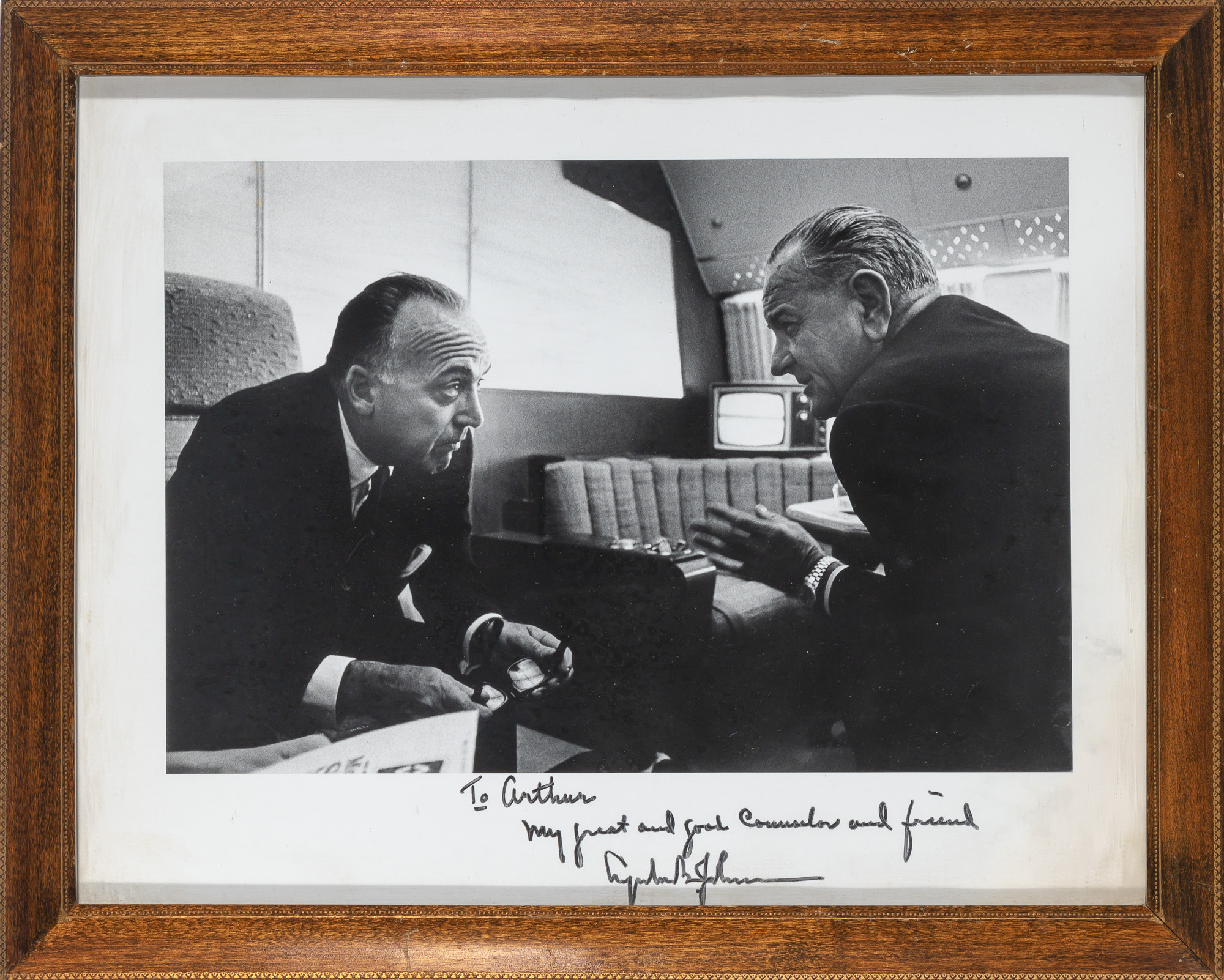 Lot image - JOHNSON, LYNDON BAINES  Photograph inscribed Arthur Krim.