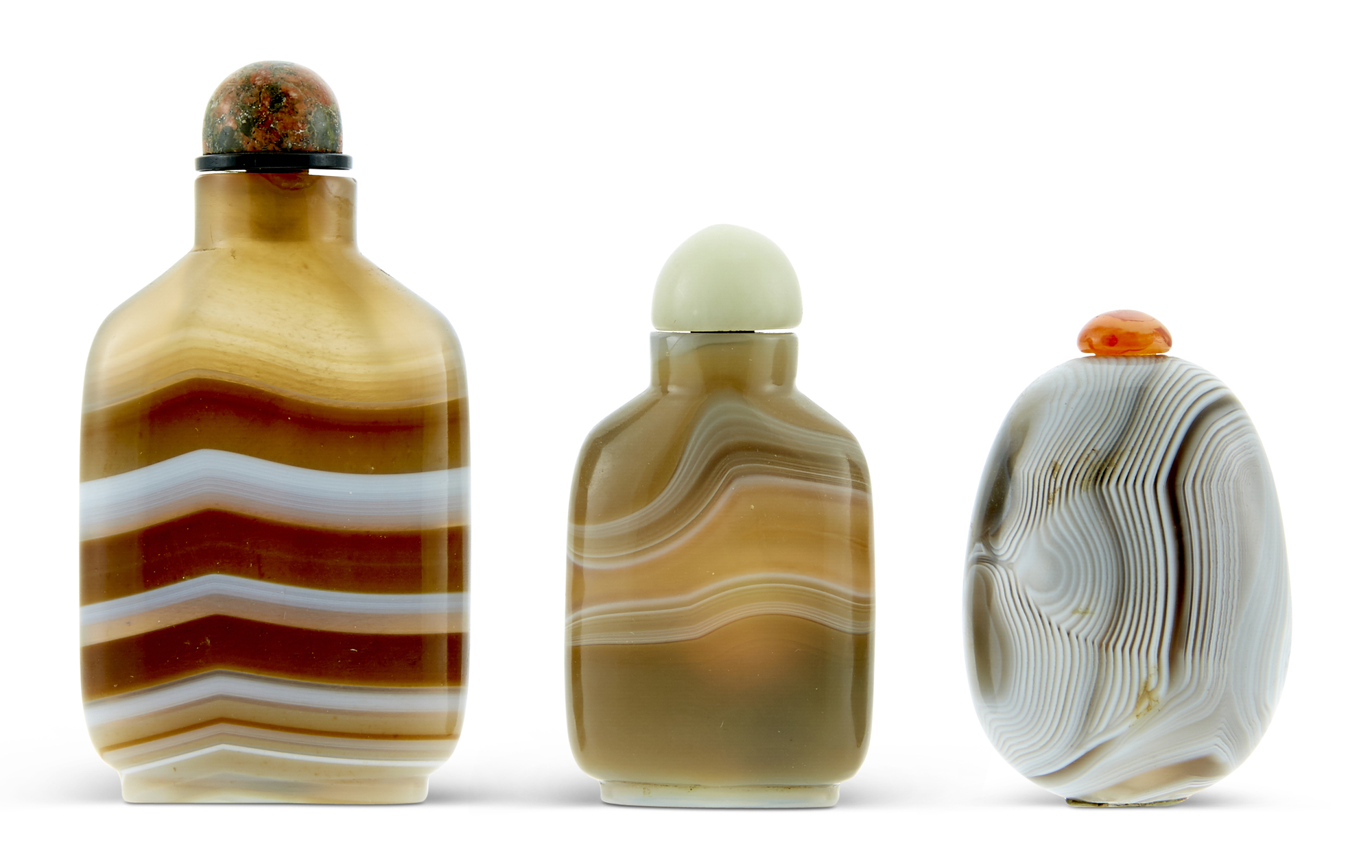 Lot image - Three Chinese Banded Agate Snuff Bottles