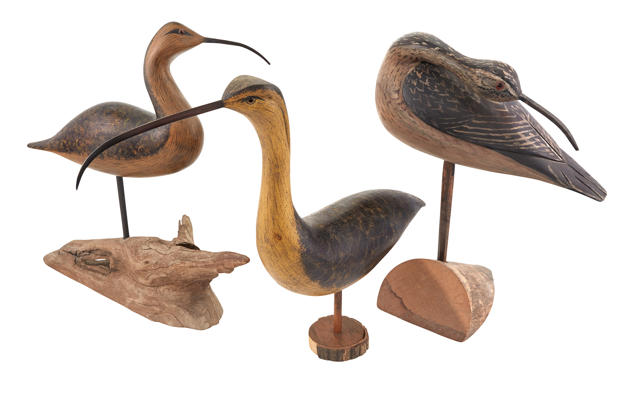 Lot image - Group of Three Carved and Painted Shorebird Decoys