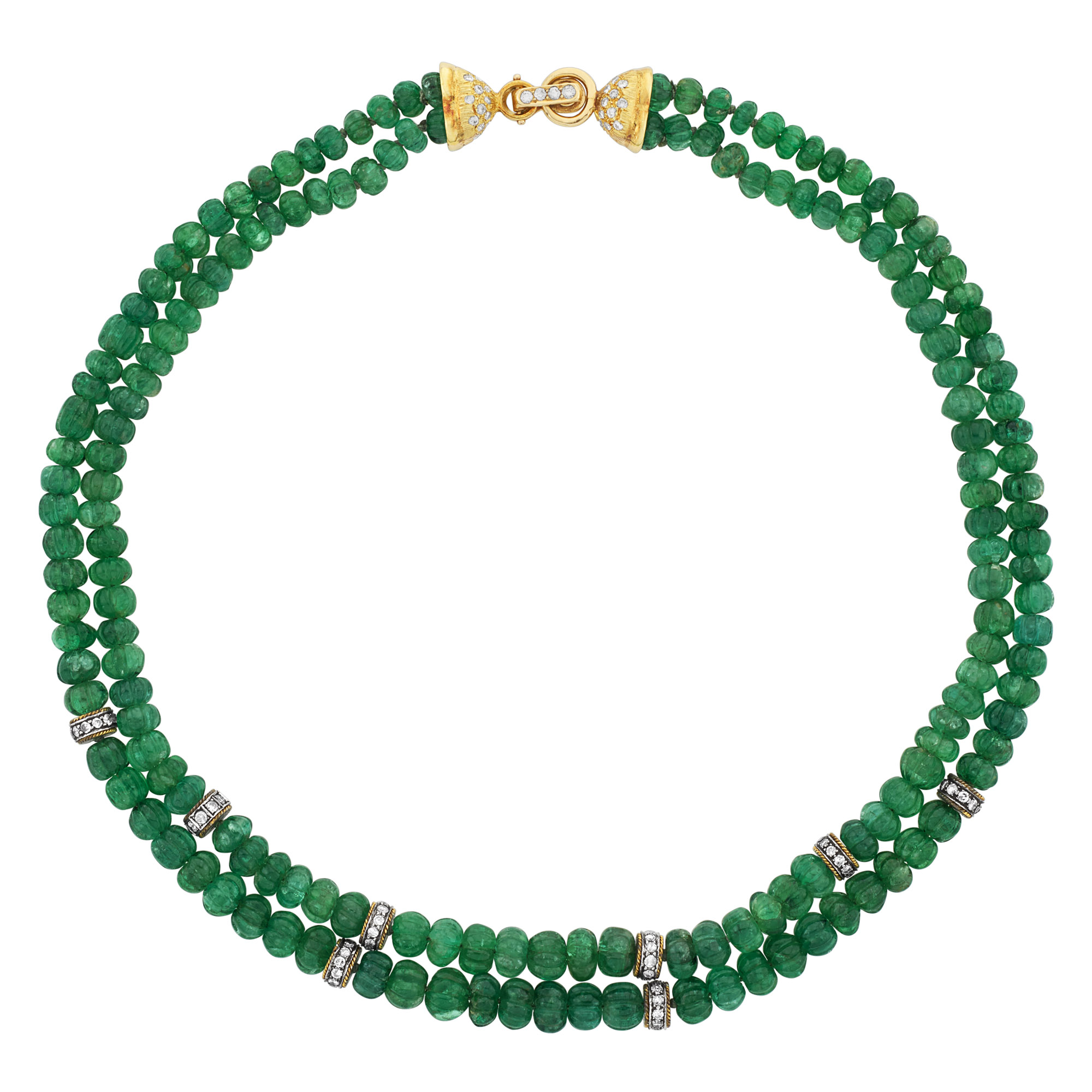 Lot image - Double Strand Gold, Emerald Bead and Diamond Necklace
