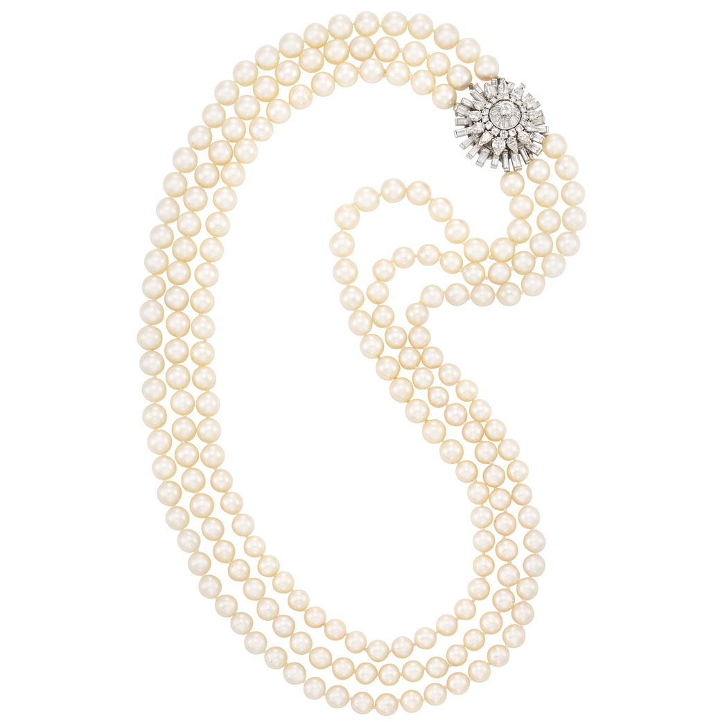 Lot image - Triple Strand Cultured Pearl Necklace with Platinum, White Gold and Diamond Clasp