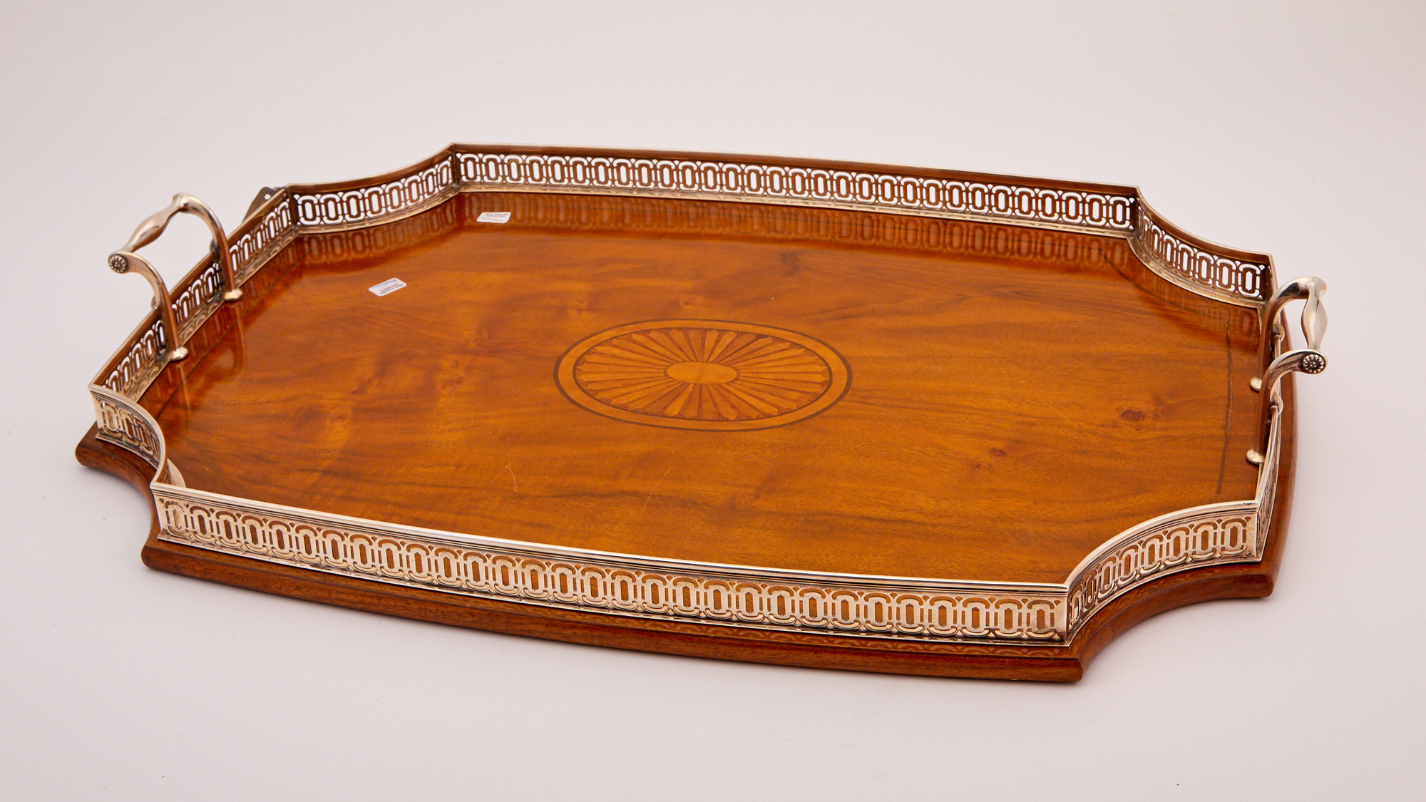 Lot image - Tiffany & Co. Sterling Silver and Inlaid Mahogany Gallery Tray