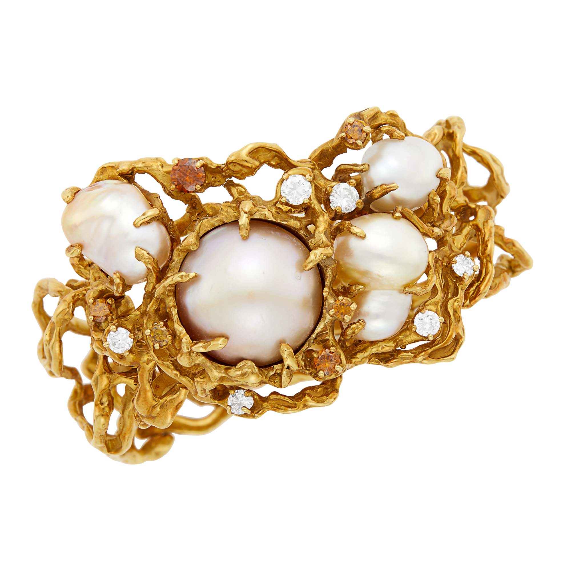 Lot image - Arthur King Gold, Baroque Cultured Pearl, Diamond and Colored Diamond Bracelet