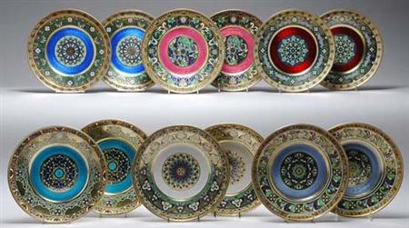 Lot image - Twelve Russian Gilt Silver, Champleve, Guilloche and Plique a Jour Enamel Dinner Plates