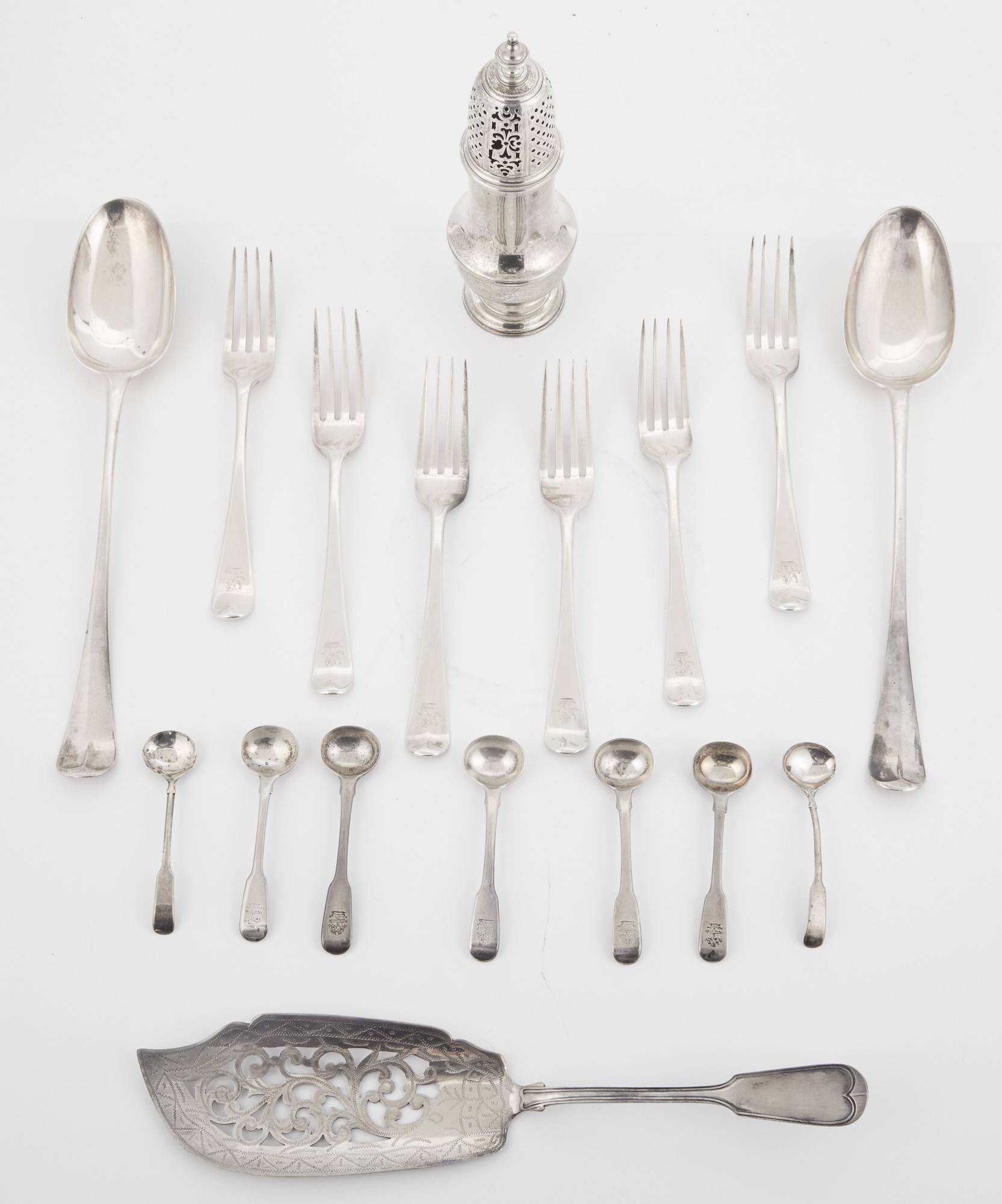 Lot image - Group of Georgian Sterling Silver Flatware: Together with a Georgian II Sterling Silver Caster