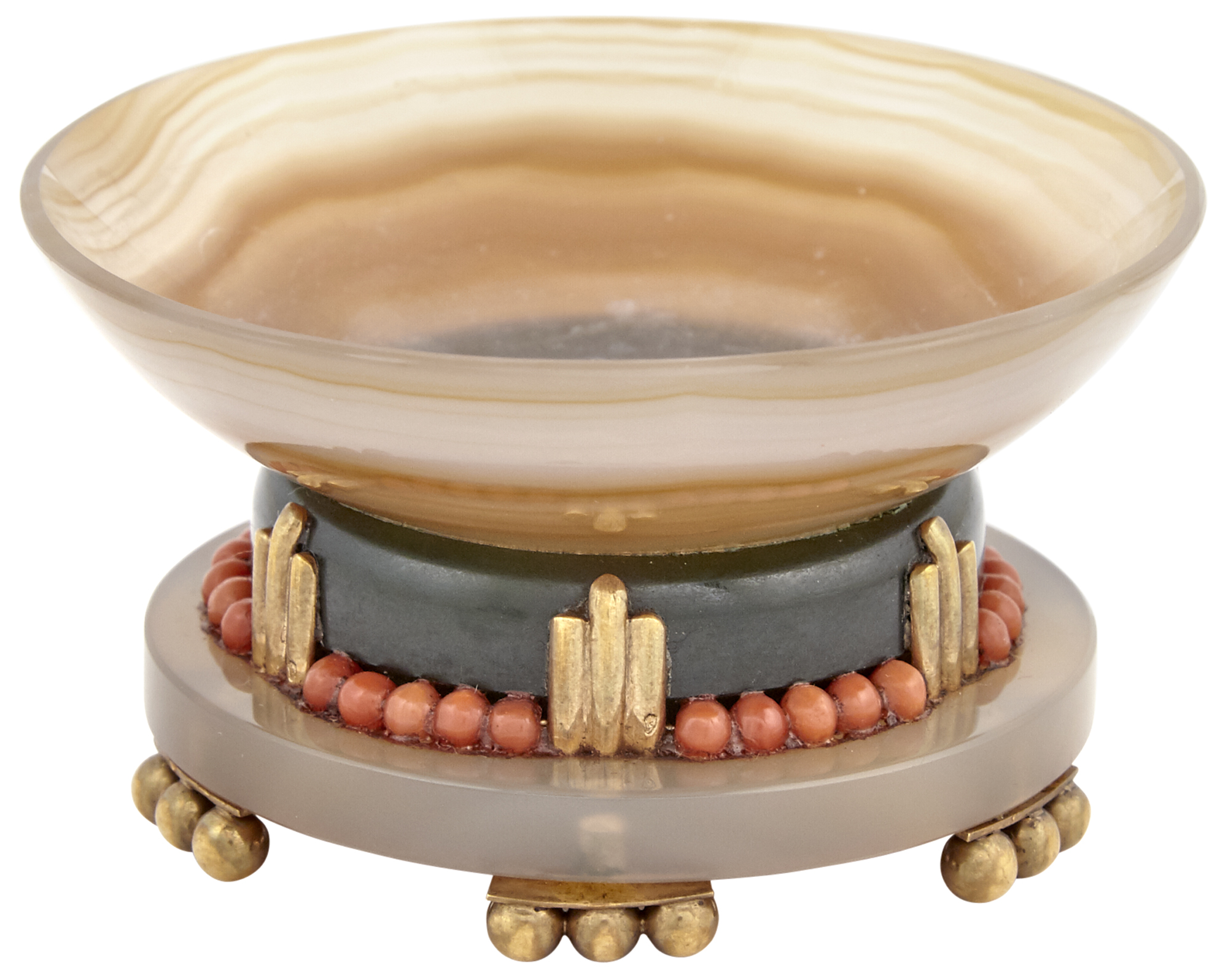 Lot image - French Art Deco Gold Mounted Agate, Hardstone and Coral Miniature Footed Bowl