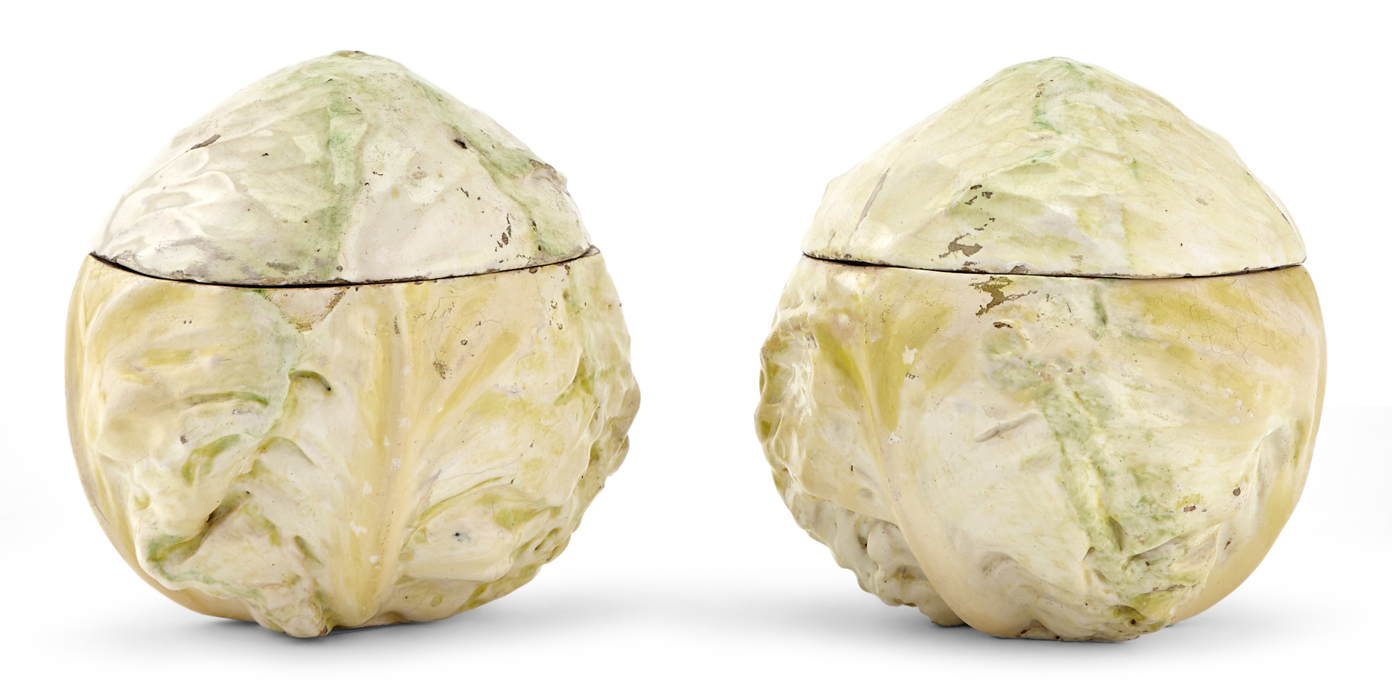 Lot image - Pair of French Faience Trompe lOeil Cabbage-Form Boxes and Covers