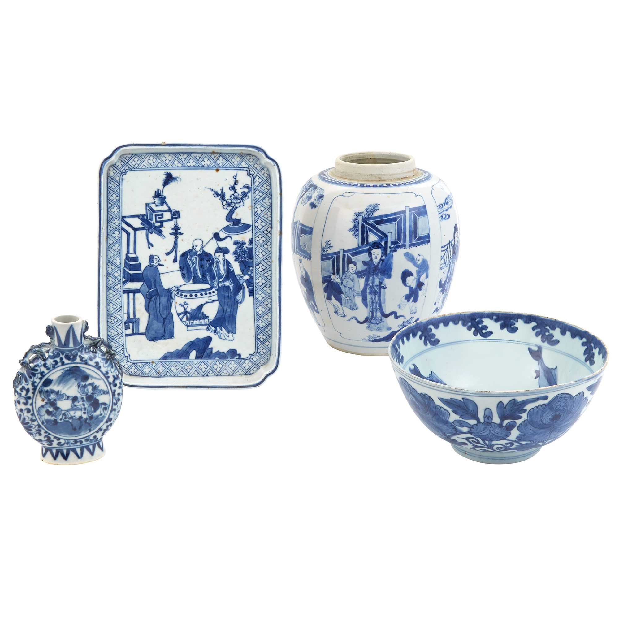 Lot image - Chinese Blue and White Porcelain Ovoid Jar; Together with a Chinese Blue and White Porcelain Rectangular Tray, a Small Moon Flask and a Bowl Decorated with Fish.