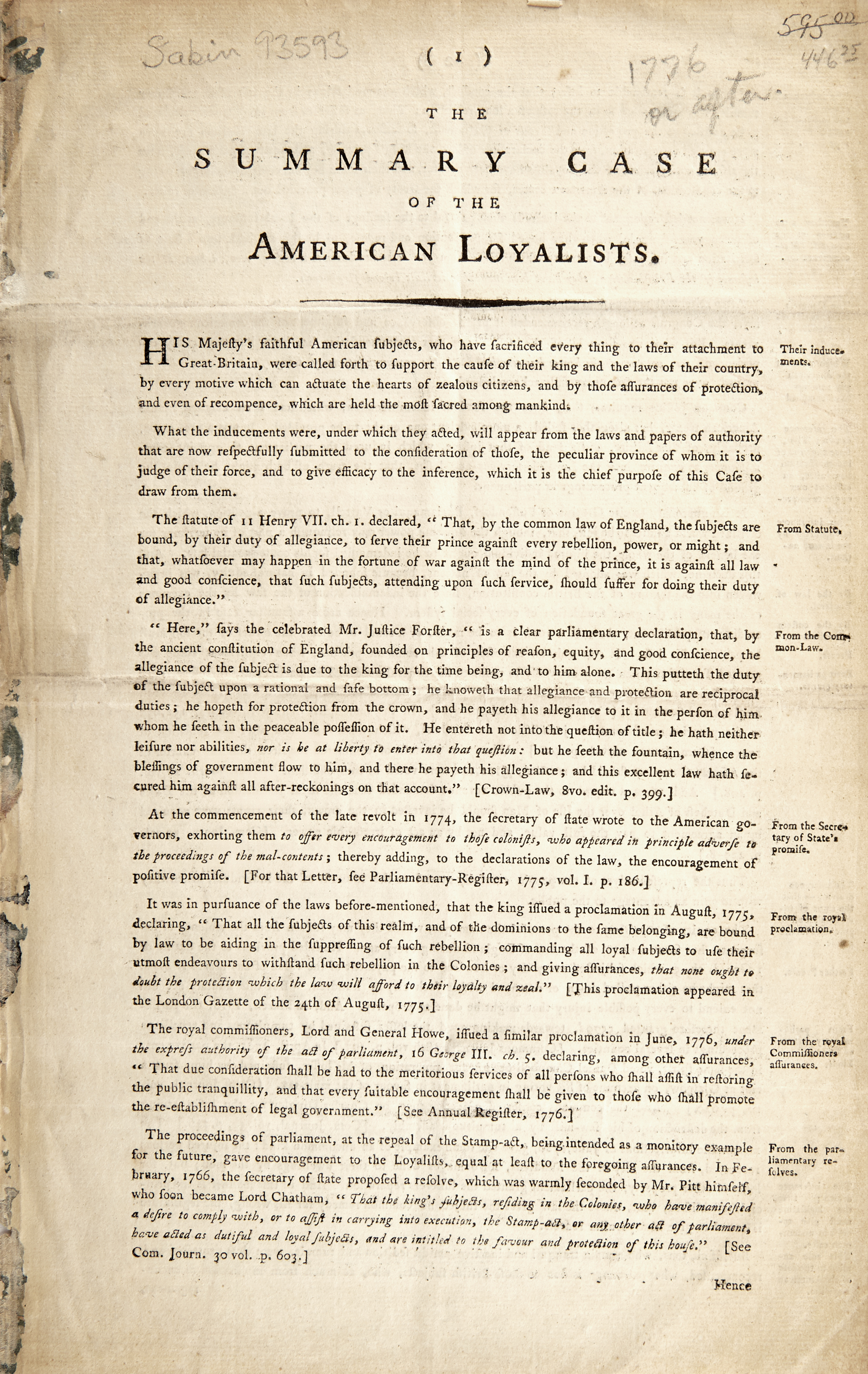 Lot image - [LOYALISTS]  The Summary Case of the American Loyalists.