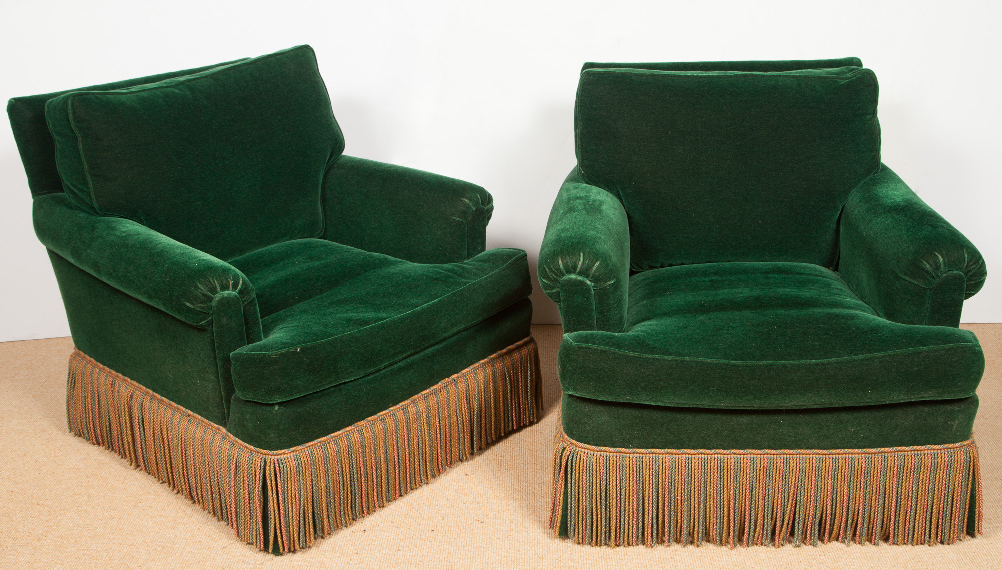 Lot image - Pair of Green Velvet-Upholstered Club Chairs with Polka Dot Pattern Cushions