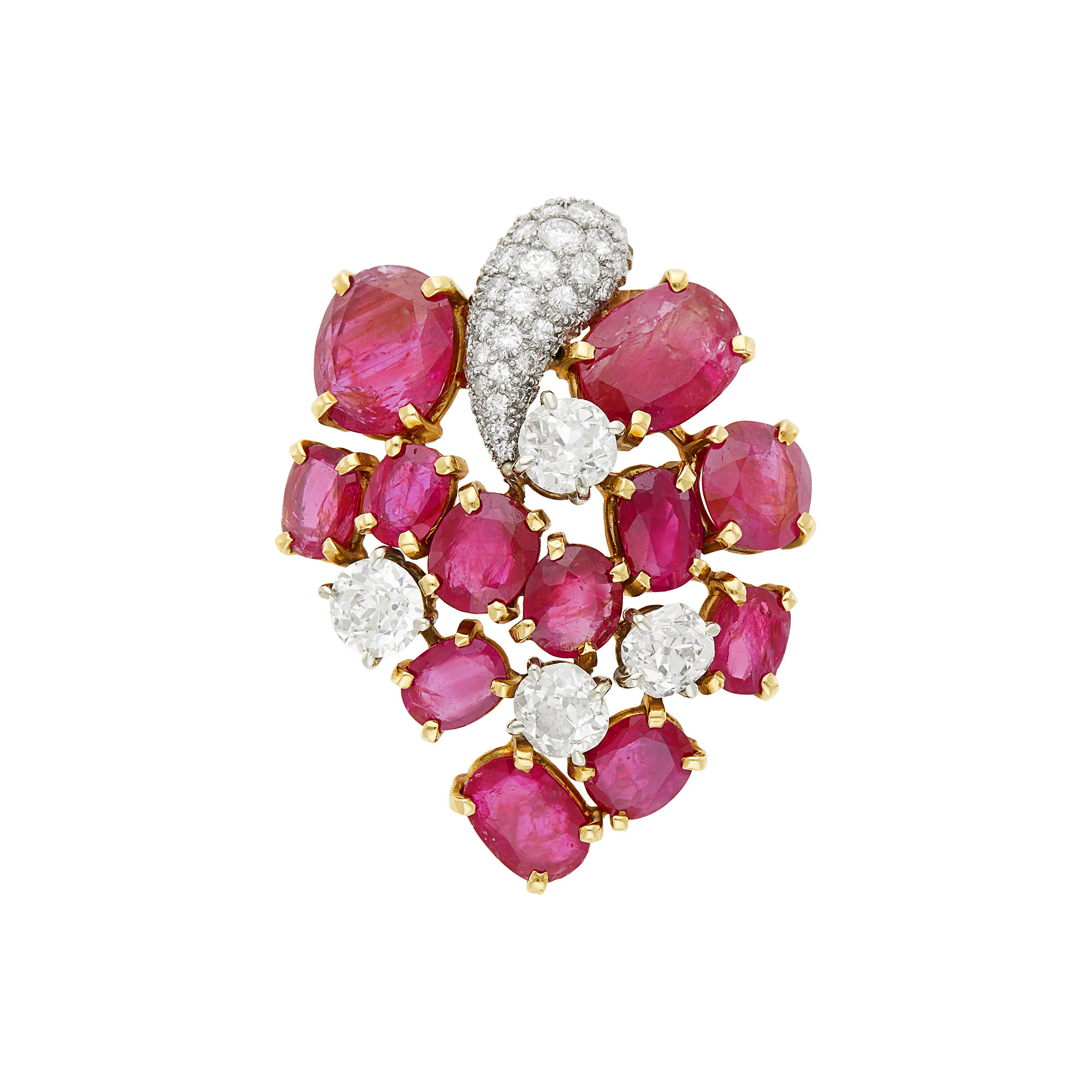 Lot image - Seaman Schepps Two-Color Gold, Ruby and Diamond Cluster Clip-Brooch