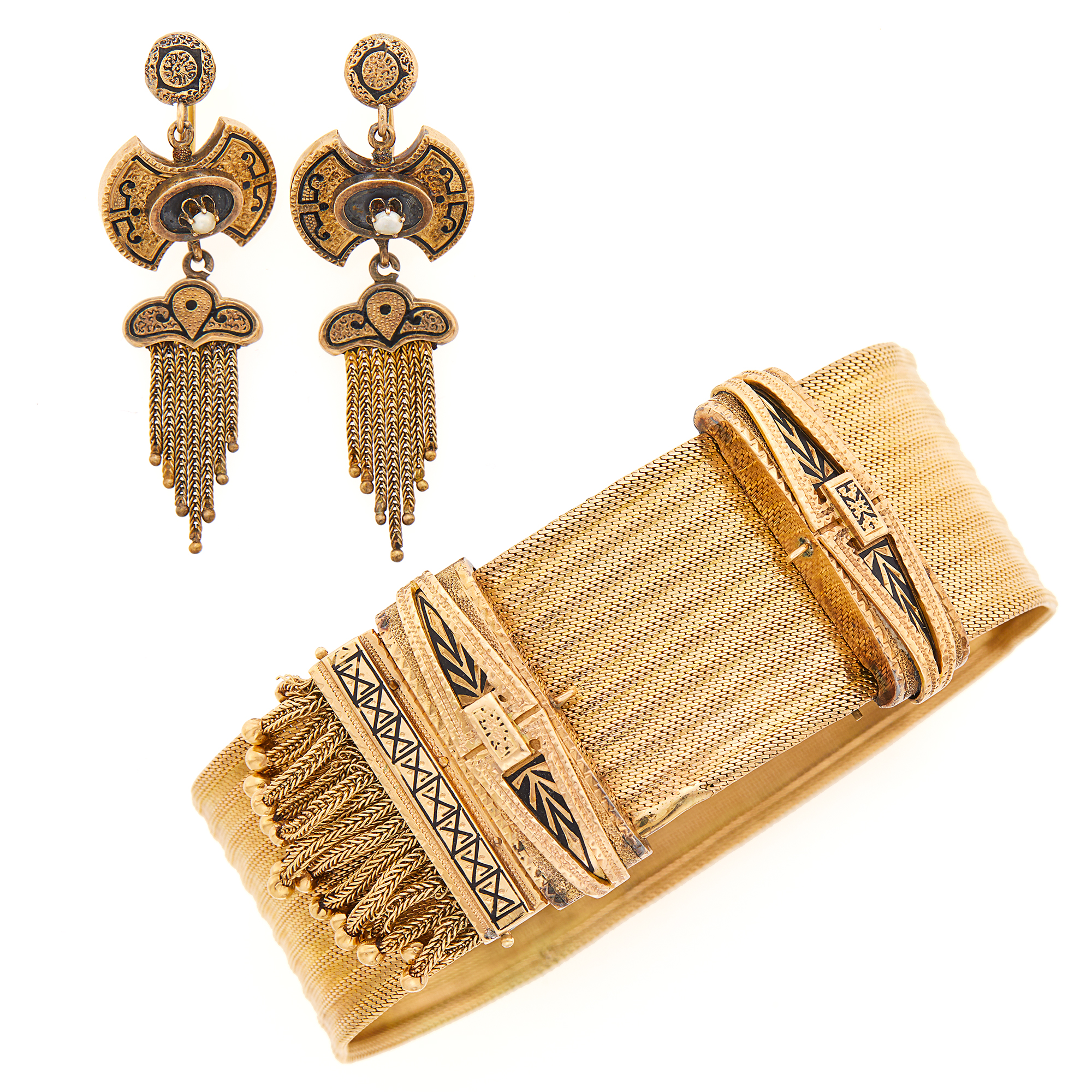 Lot image - Antique Gold Fringe Slide Bracelet and Pair of Split Pearl and Black Enamel Pendant-Earrings