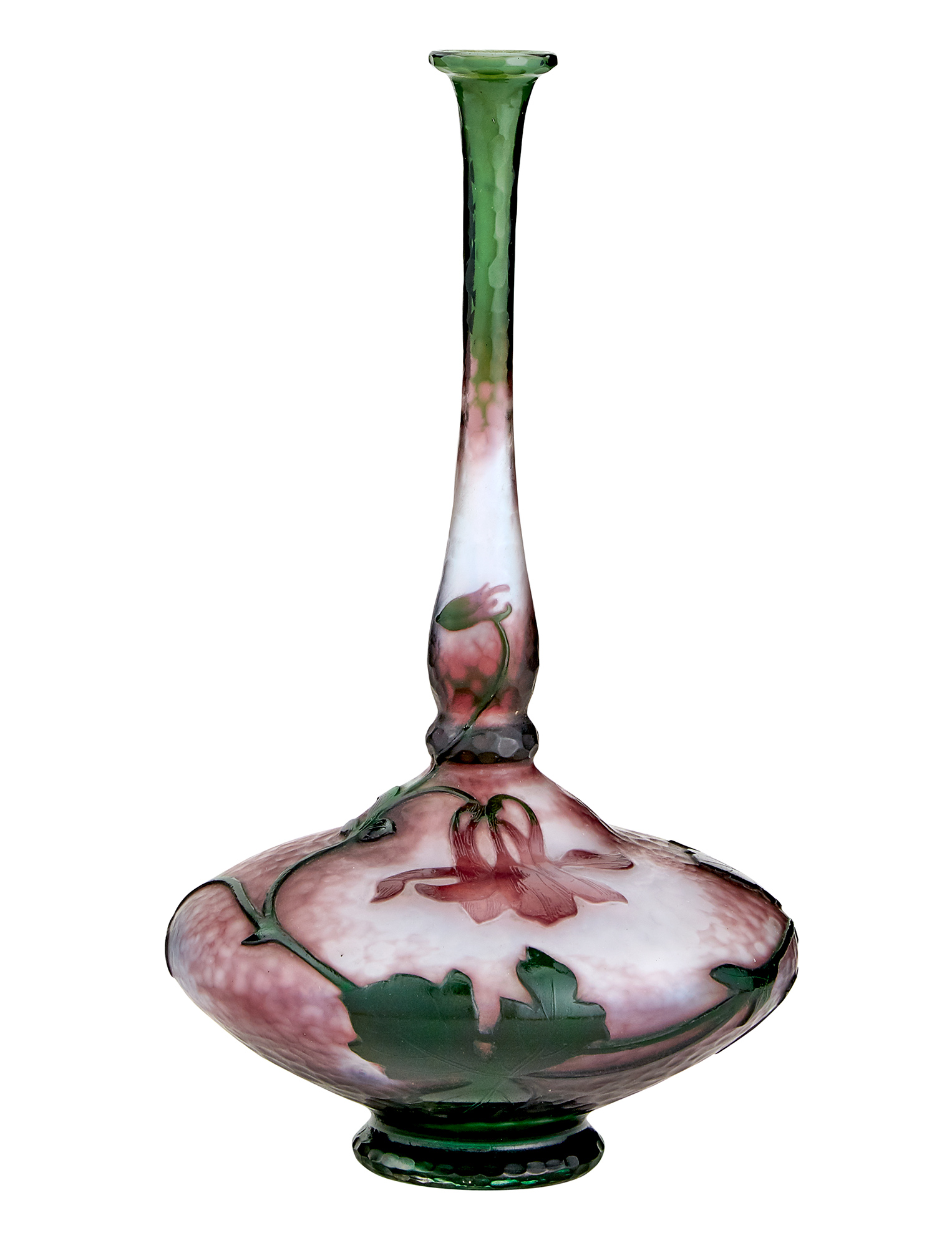 Lot image - Daum Acid-Etched and Martelé Wheel-Engraved Triple Cameo Glass Stick Neck Bud Vase