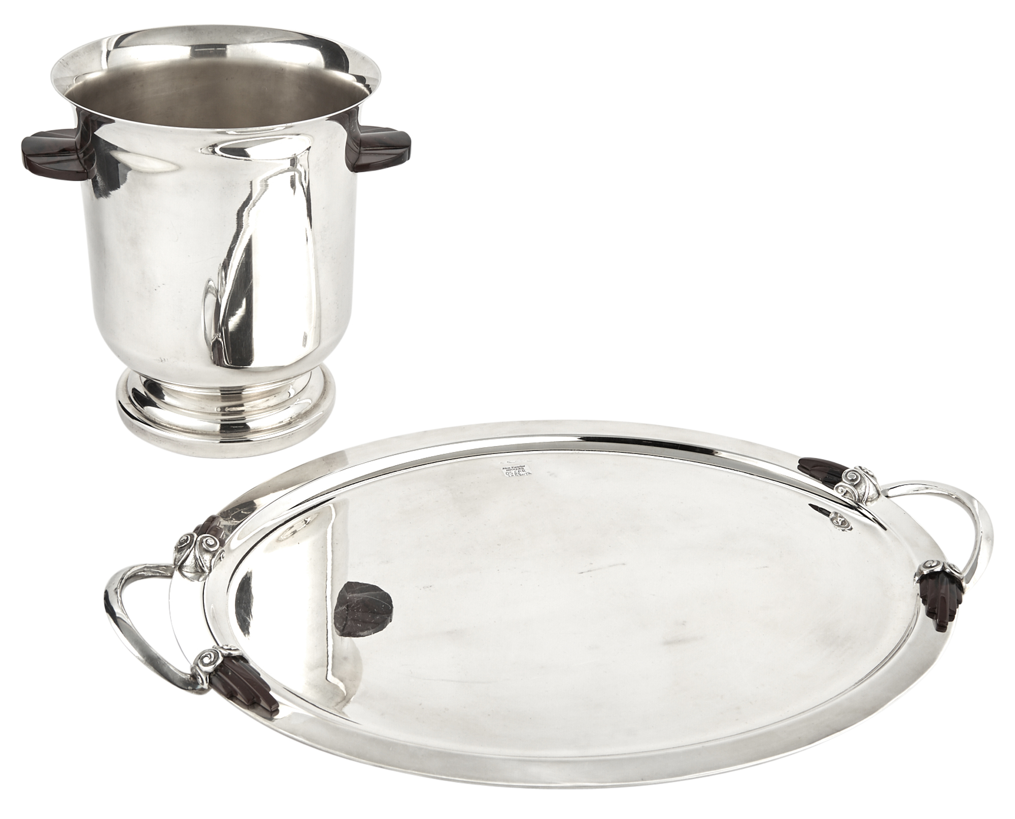 Lot image - French Art Deco Style Hardstone Mounted Silver-Plated Two-Handled Tray and Wine Cooler