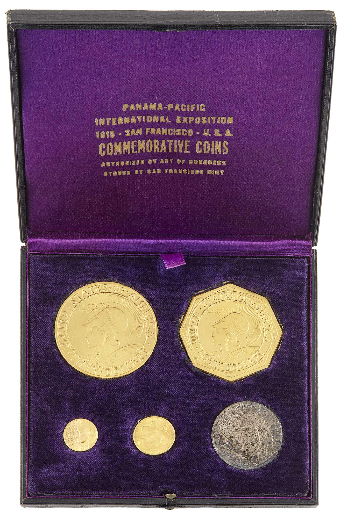 Lot image - United States 1915-S Panama-Pacific Five Piece Set in Presentation Case, NGC and CAC