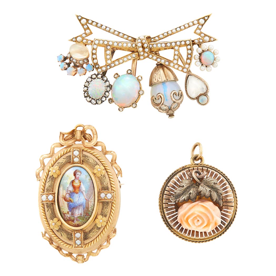 Lot image - Three Antique Gold, Silver, Opal, Moonstone, Diamond, Carved Coral, Seed Pearl and Portrait Miniature Brooches