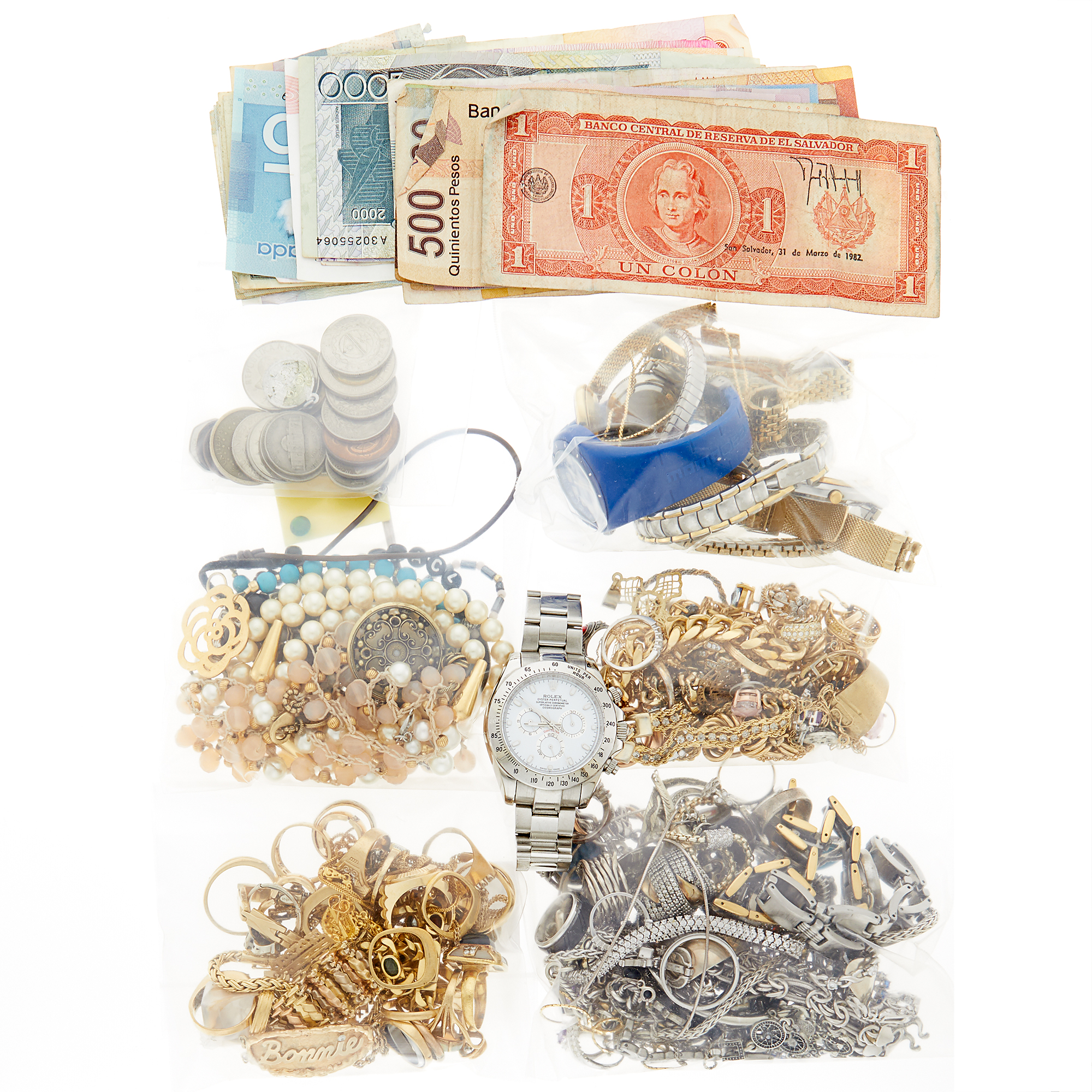 Lot image - Group of Jewelry, Costume Jewelry, Wristwatches and United States and Foreign Banknotes