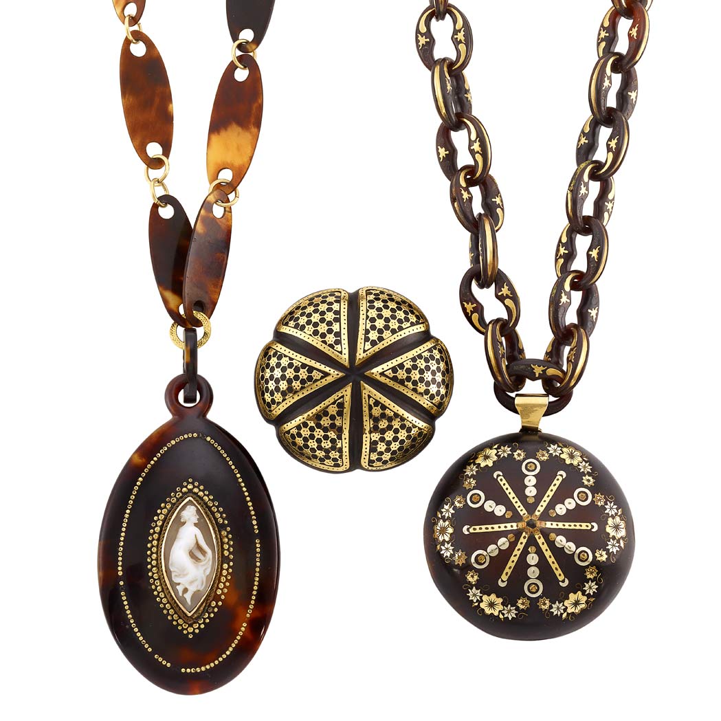 Lot image - Group of Antique Mixed Metal and Pique Tortoise Shell Brooch and Two Pendant-Necklaces