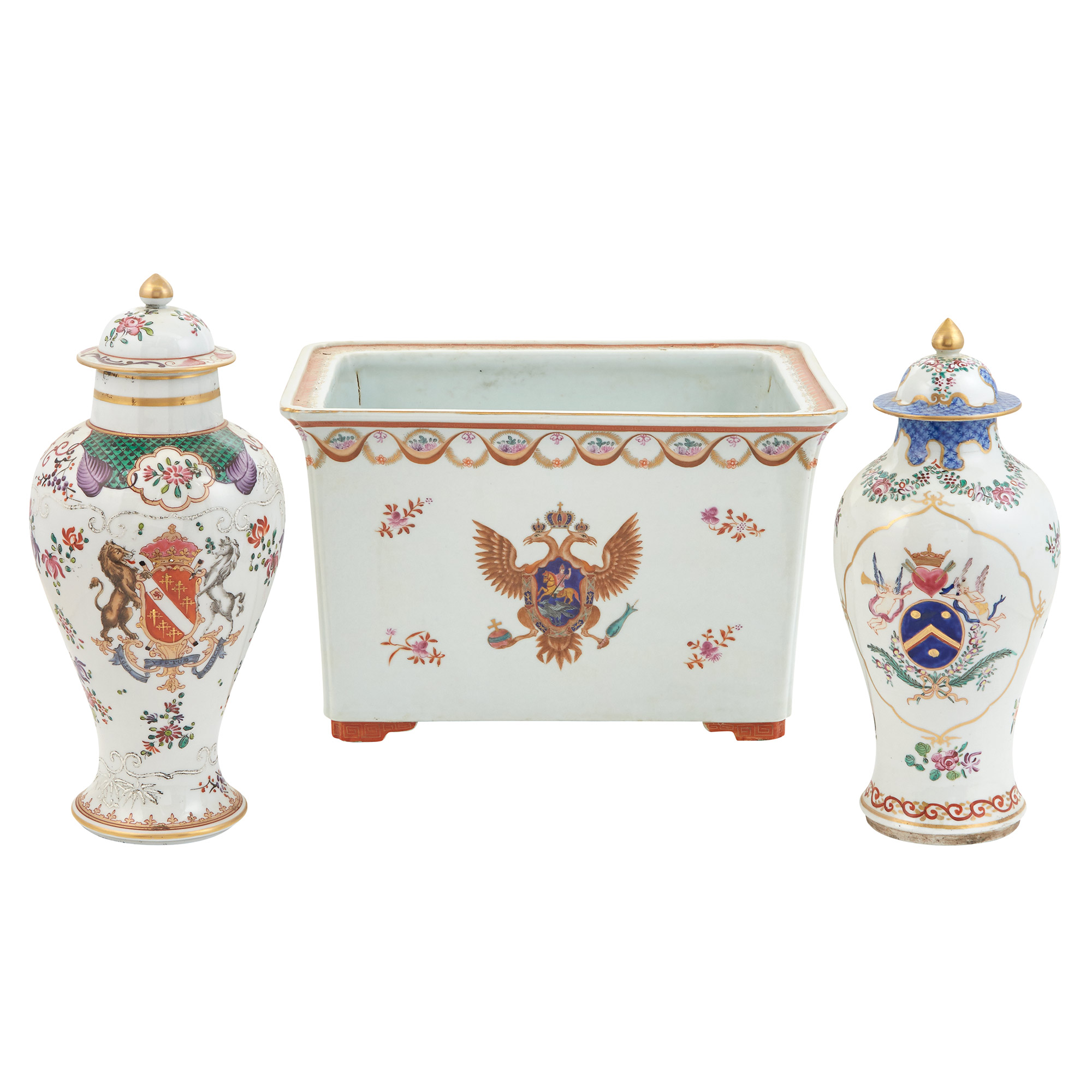 Lot image - Group of Chinese Export Style Armorial Porcelain Articles