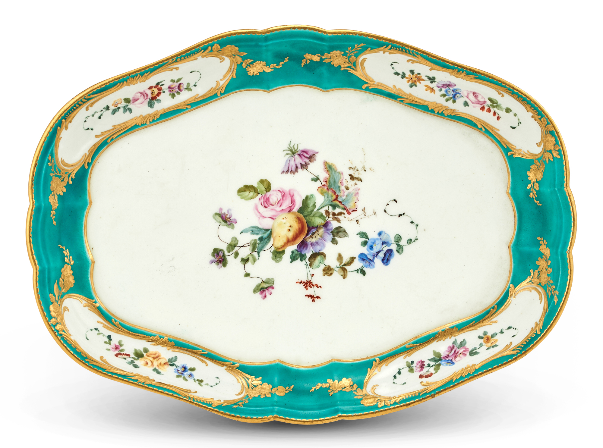 Lot image - Vincennes or Early Sèvres Porcelain Green-Ground (Fond Vert) Shaped Oblong Tray (Plateau)