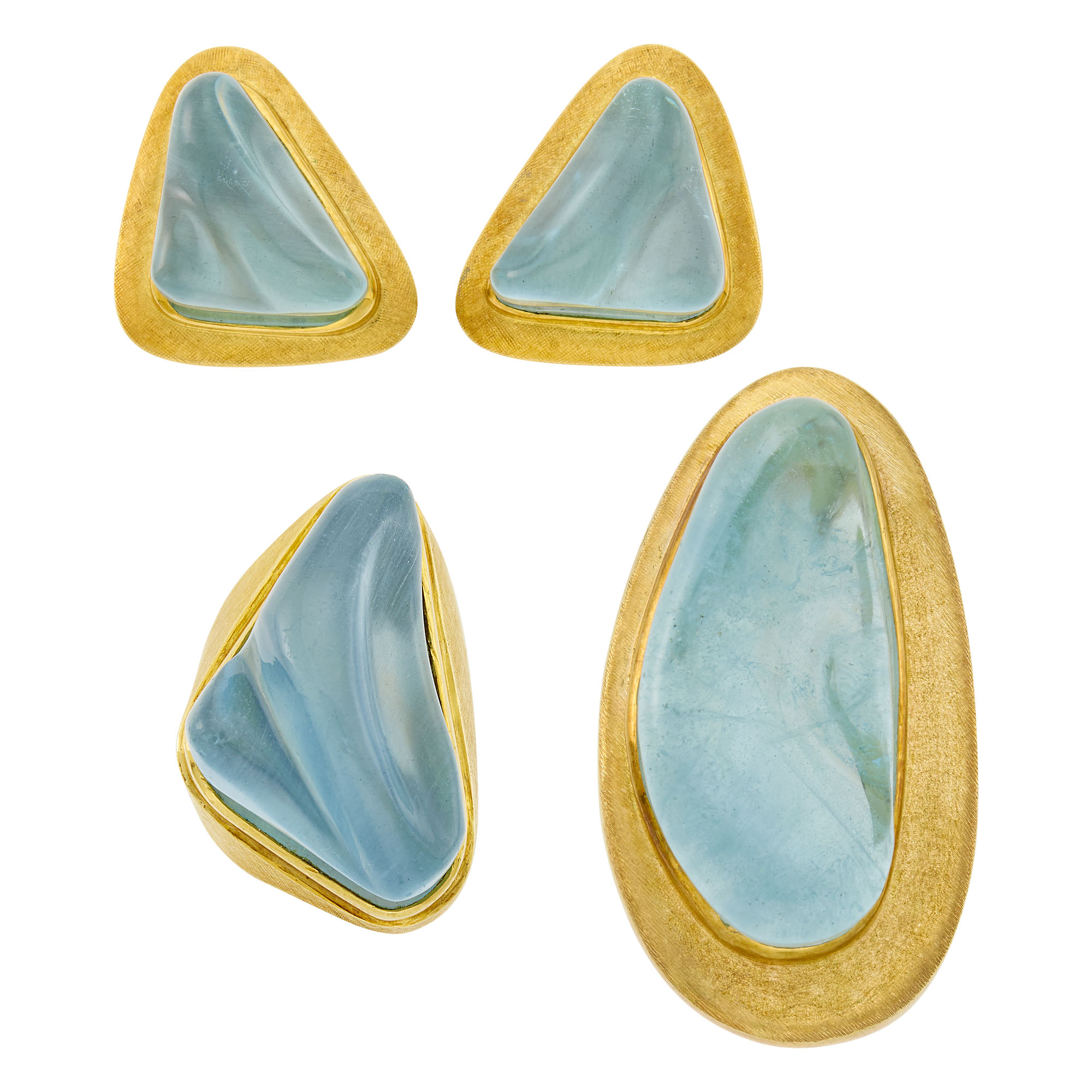 Lot image - Burle Marx Gold and Carved Aquamarine Pendant Clip-Brooch, Pair of Earclips and Ring