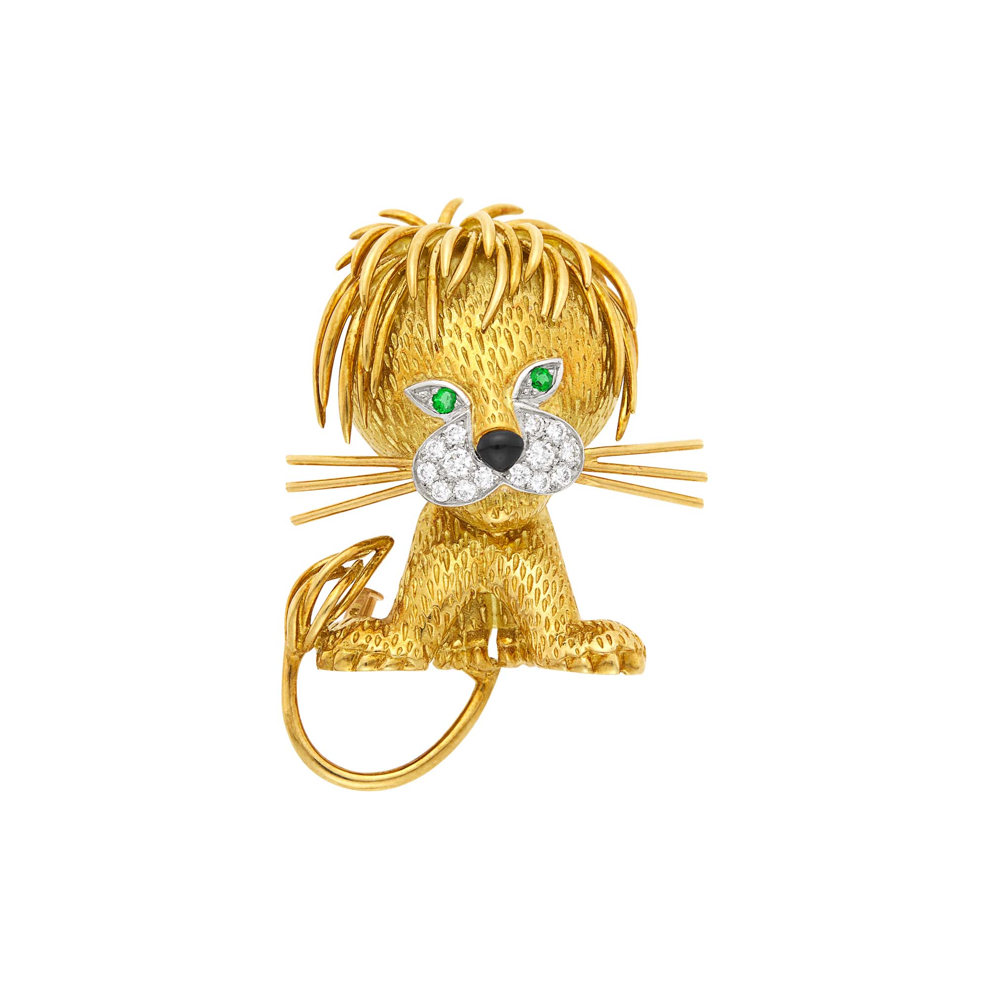 Lot image - Van Cleef & Arpels Gold, Platinum, Diamond, Emerald and Black Onyx Lion Clip-Brooch, France