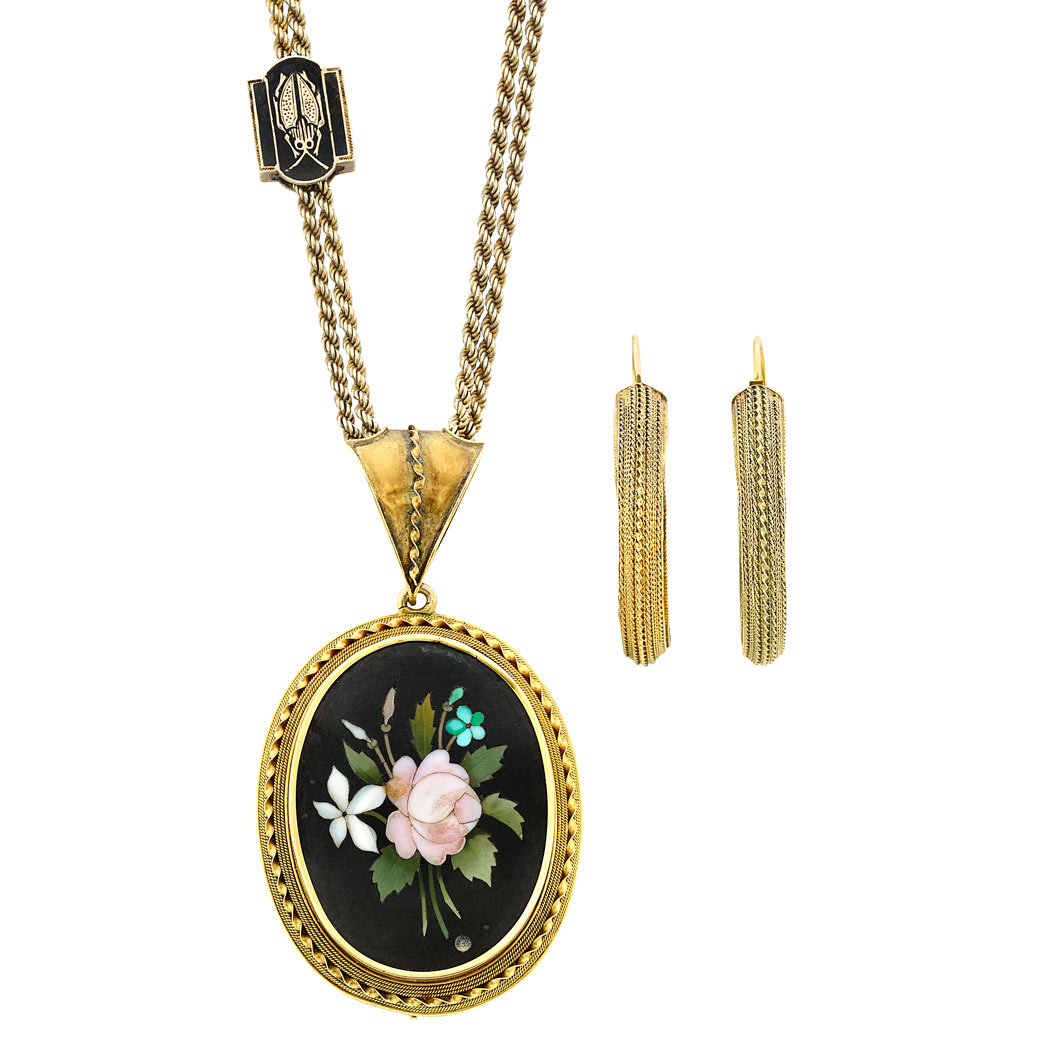 Lot image - Antique Gold and Pietra Dura Pendant with Gold Chain and Gold and Enamel Beetle Slide and Pair of Gold Hoop Earrings