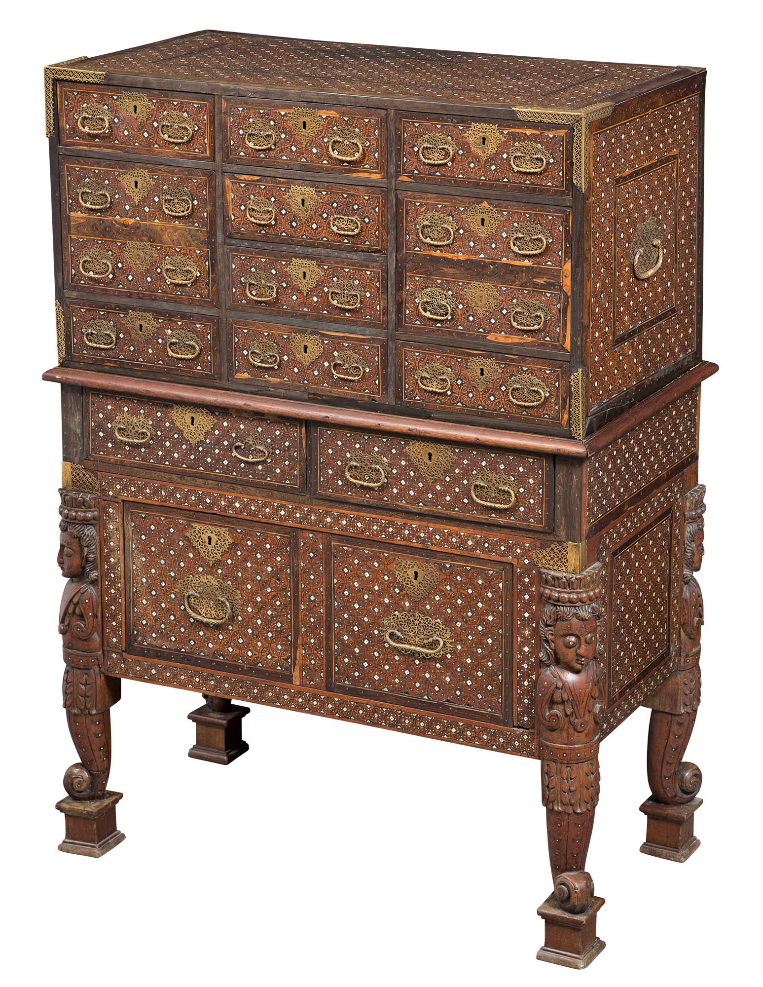 Lot image - Indo-Portuguese Gilt-Metal-Mounted Ivory- and Bone-Inlaid Rosewood, Teak and Ebony Cabinet on Stand Contador